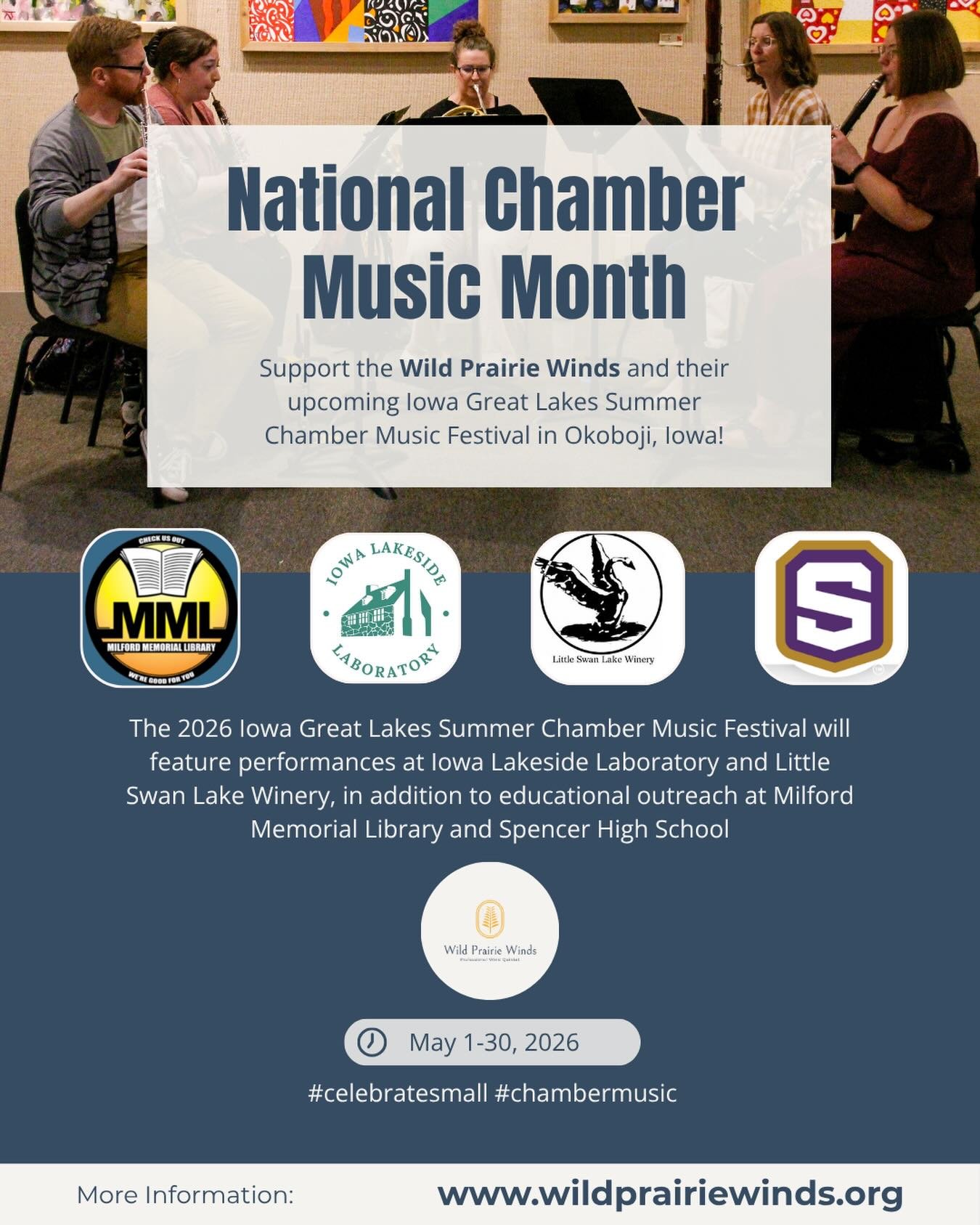 May is National Chamber Music Month! Join us as we prepare for our upcoming Iowa Great Lakes Summer Chamber Music Festival May 26-29. 

Please consider donating to help support our small organization as we travel to the Okoboji community sharing musi