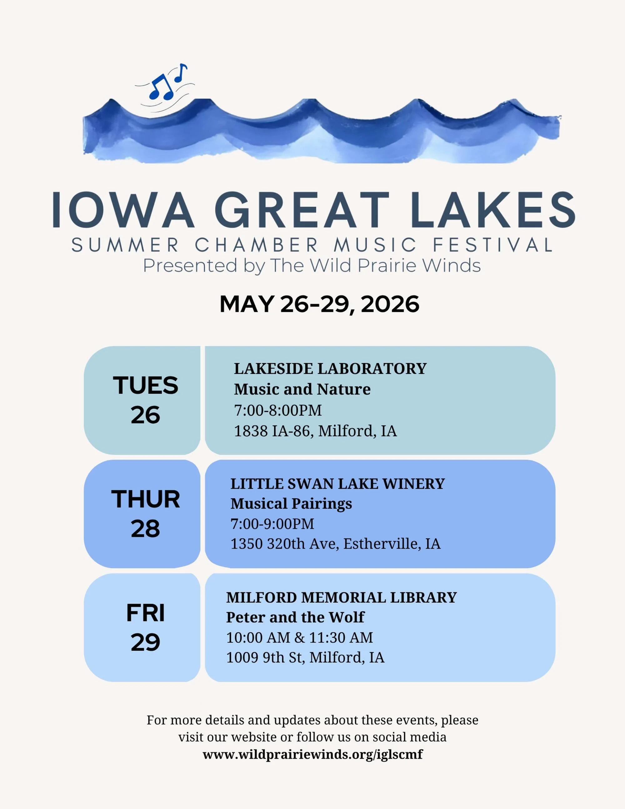 It&rsquo;s finally here! We are so excited to be back in the Iowa Great Lakes region this week for our third annual Summer Chamber Music Festival ☀️🌊

All events listed here are free to the public. We will also be providing educational performances 