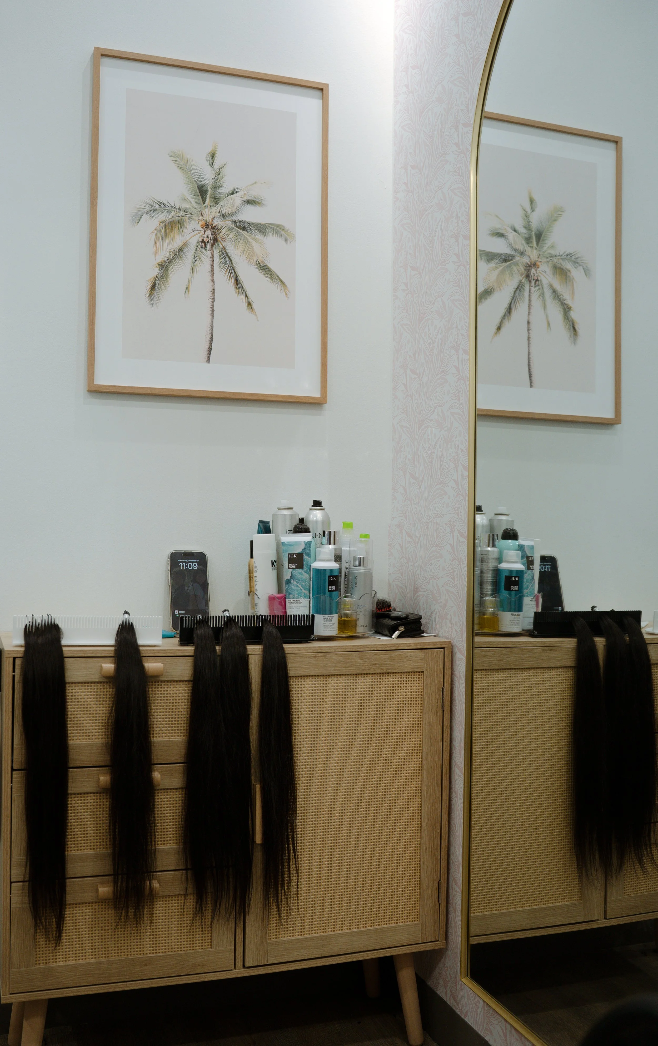 Hair salon interior and styling station photographed for a Sarasota hairstylist's brand.