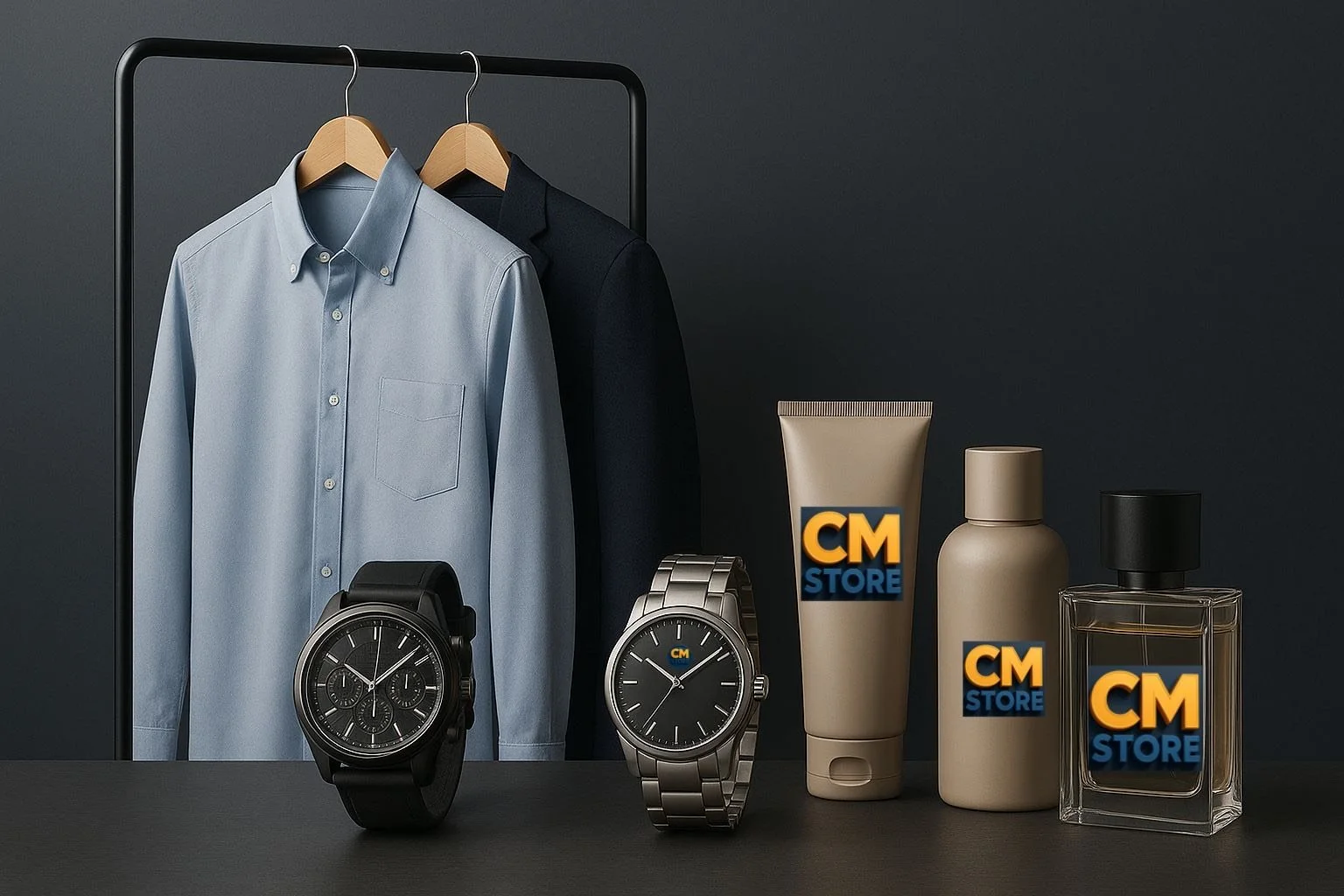 Ropa de vestir con dos relojes y productos de cuidado personal en una superficie negra.