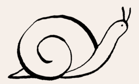 A simple black and white drawing of a snail with a coiled shell and two antennae.