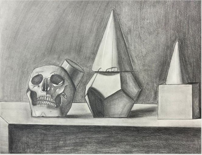 A pencil drawing of a human skull and geometric vases with cones on top, placed on a shelf.