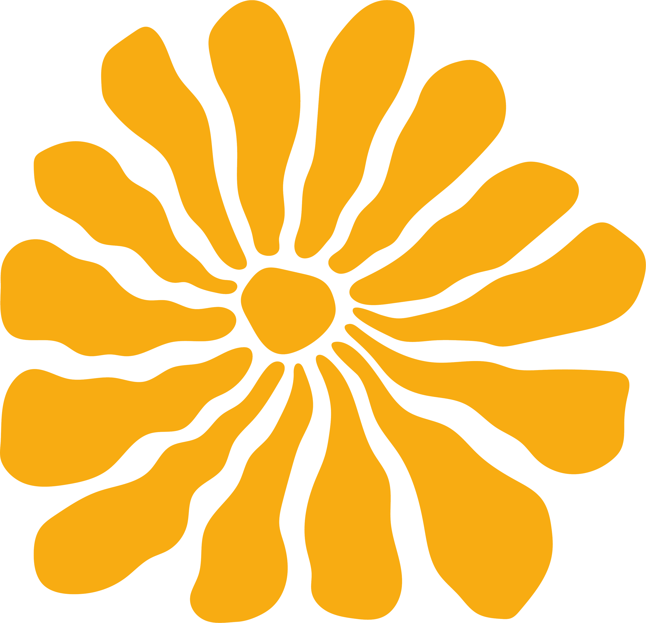 A stylized orange flower with black outlines and a circular center.