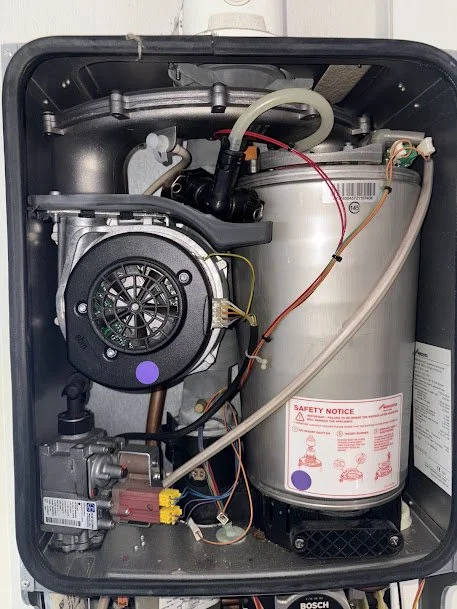 Interior view of a water heater or boiler showing various components, wires, and plumbing parts.