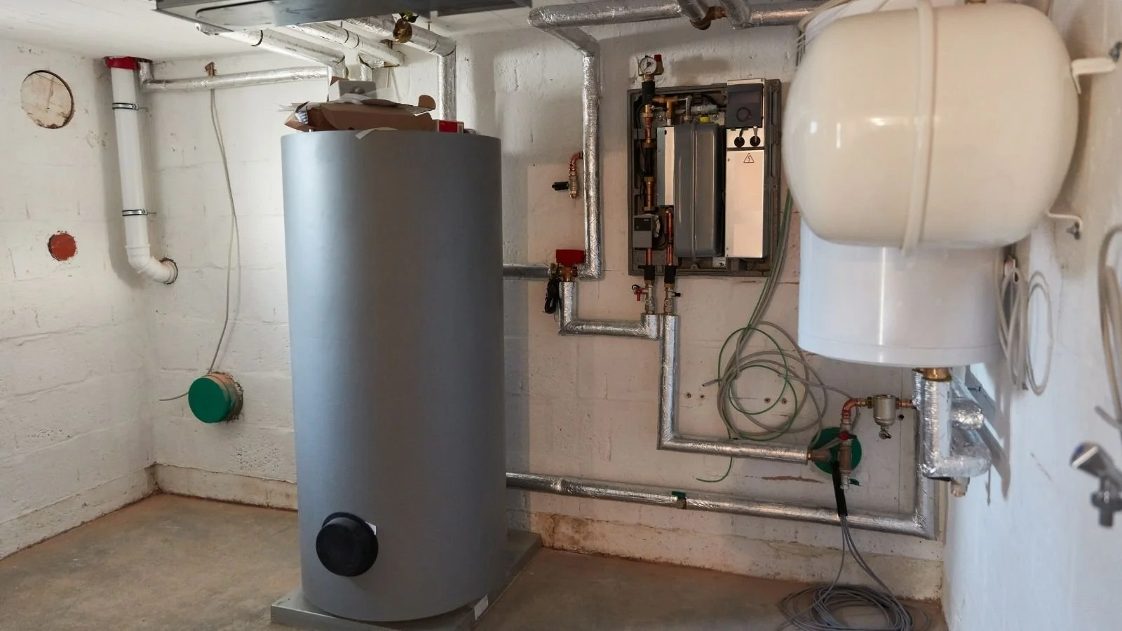 A utility room with a large gray water heater, interconnected pipes, and a white expansion tank on the right side, all mounted on a white cinder block wall.