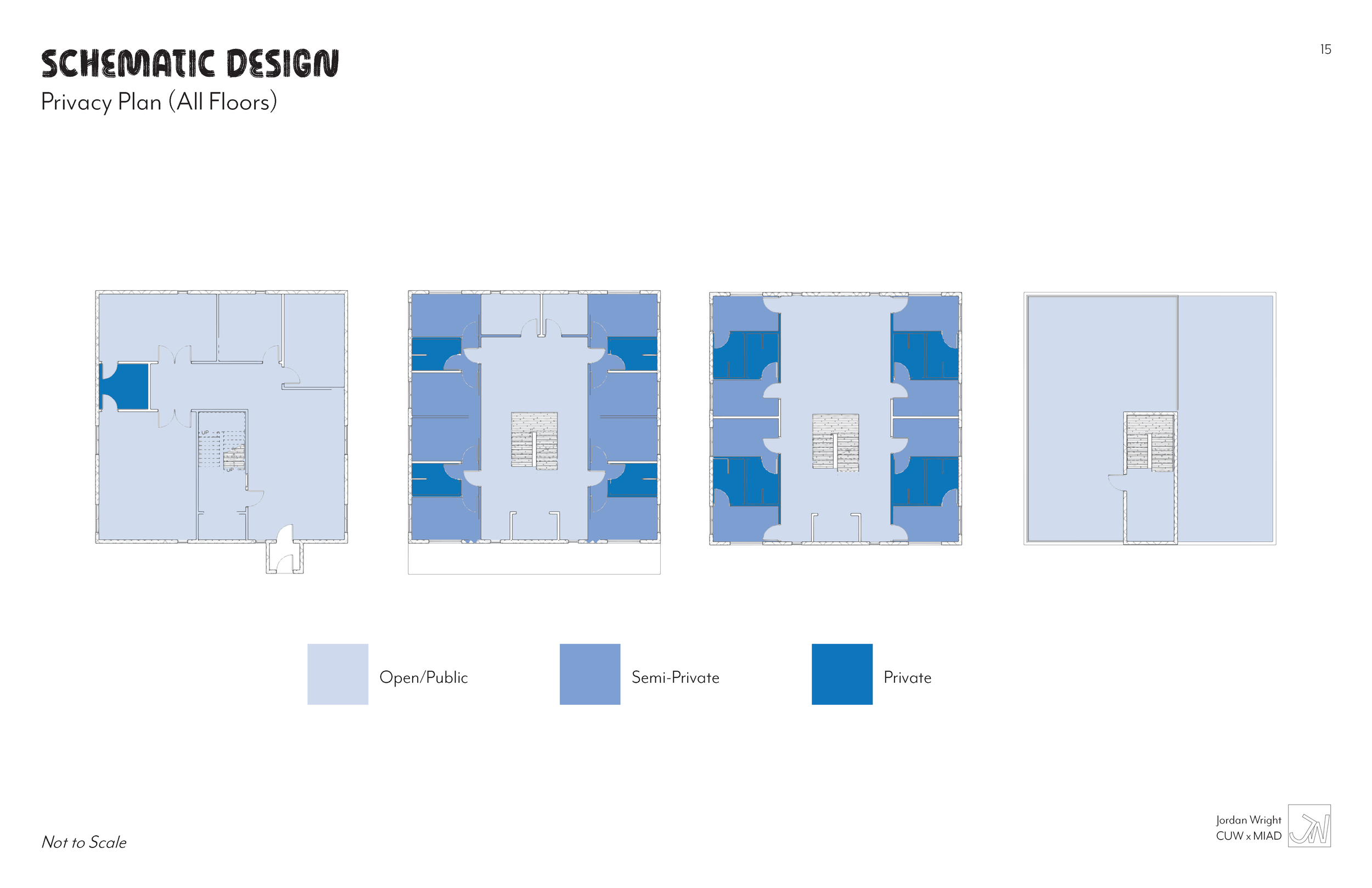 Blueprint of four house floor plans showing different privacy levels with light blue for open/public spaces, medium blue for semi-private, and dark blue for private areas, labeled as schematic design for privacy plan.