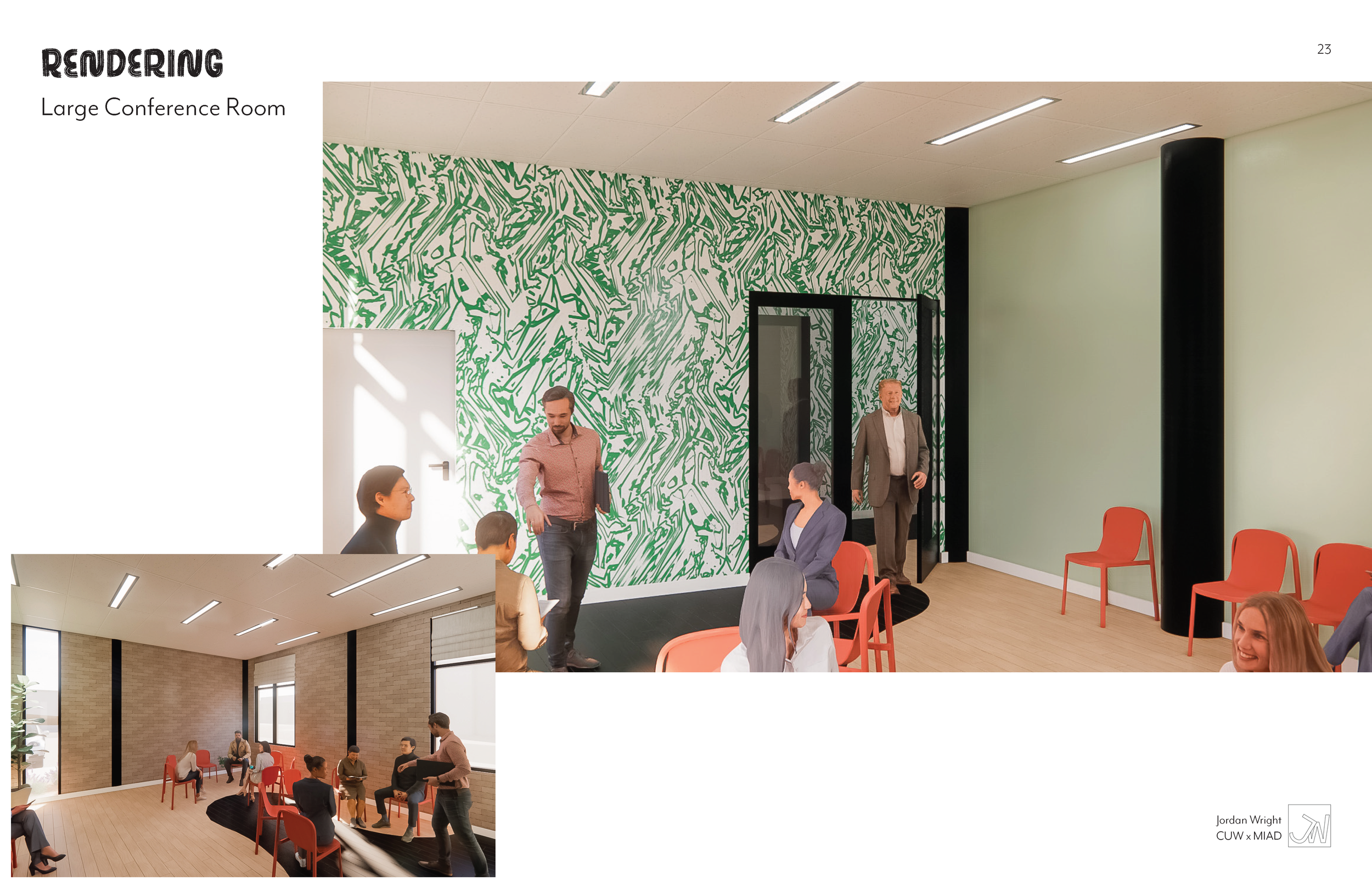 Two digital renderings of a modern conference room with people engaging in conversations. The larger room has a green and white abstract wall design, black accents, and orange chairs. The smaller room features exposed brick walls, large windows, and 