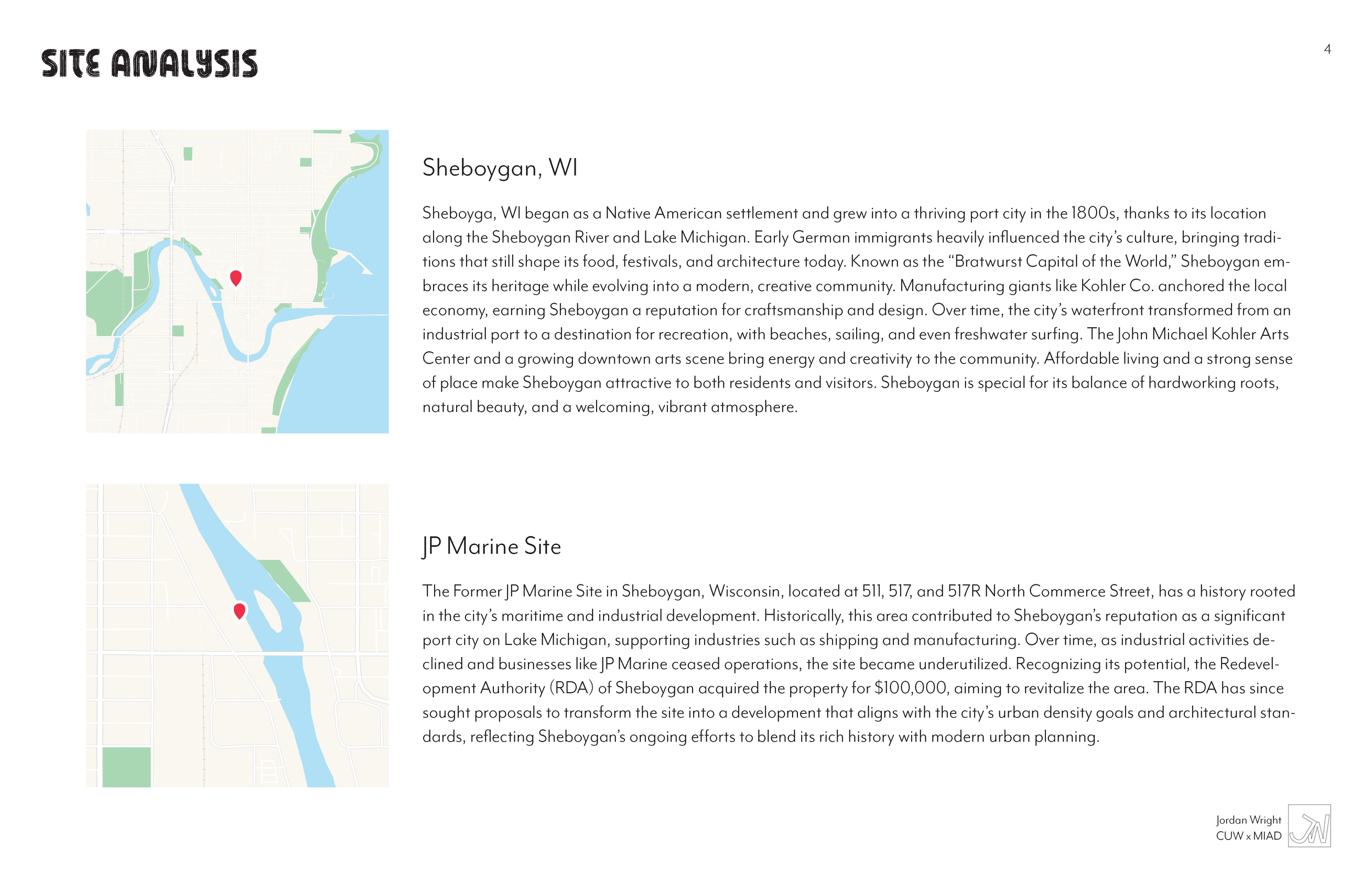 Map and text describing site analysis of Sheboygan, WI, and the JP Marine Site, including historical and cultural details.