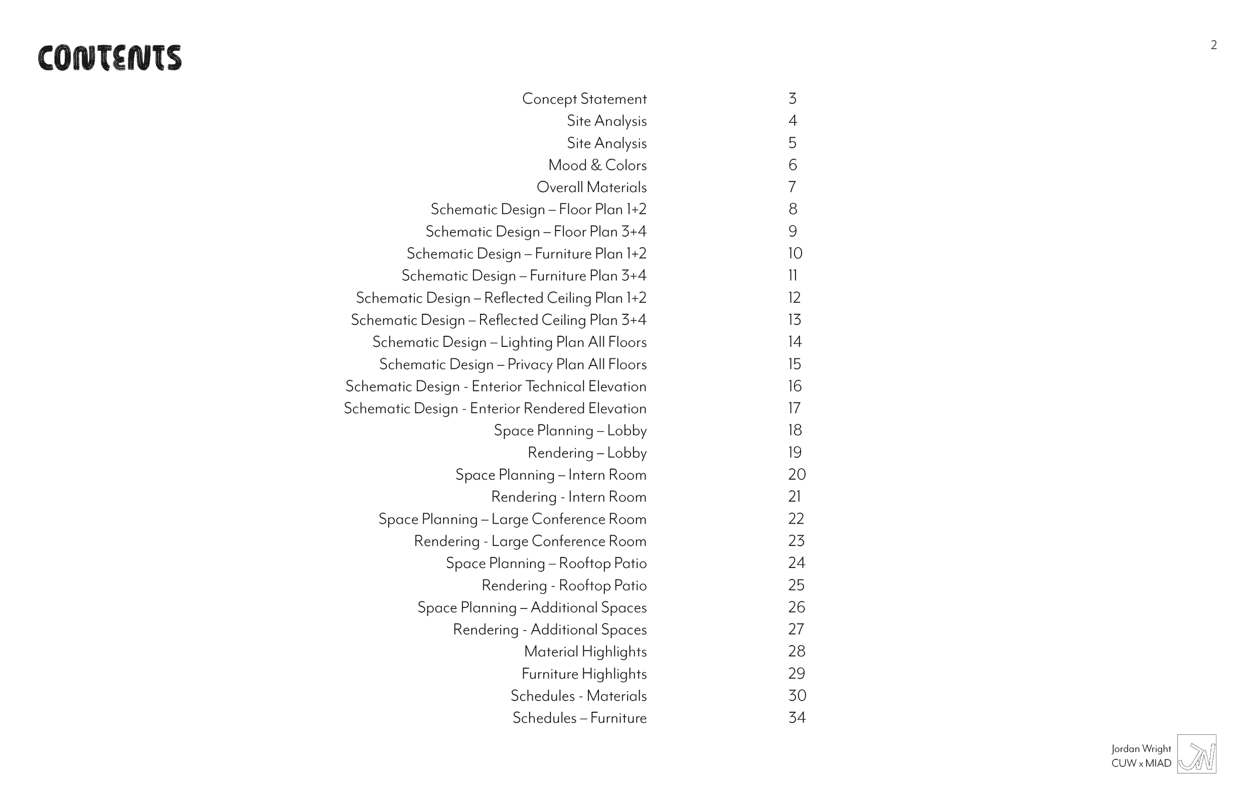 Table of contents for a document, listing sections and page numbers, including design plans for floors, ceilings, lighting, interior, and exterior spaces, as well as material and furniture highlights, and schedules.