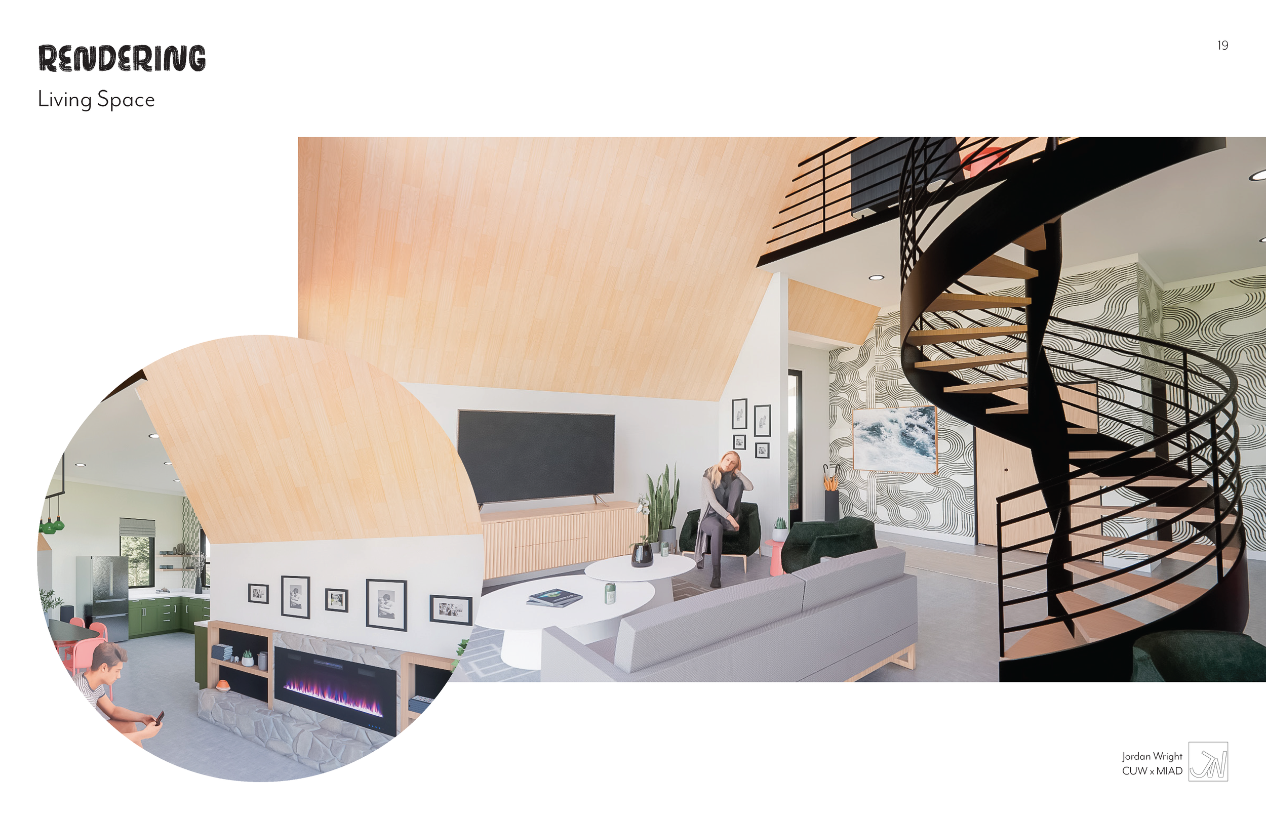 Interior rendering of a modern living room with a spiral staircase, white walls, and a wood ceiling. Includes a gray sofa, green chairs, a fireplace, and a television. A woman is sitting on the sofa, and a child is sitting on the carpet playing with 