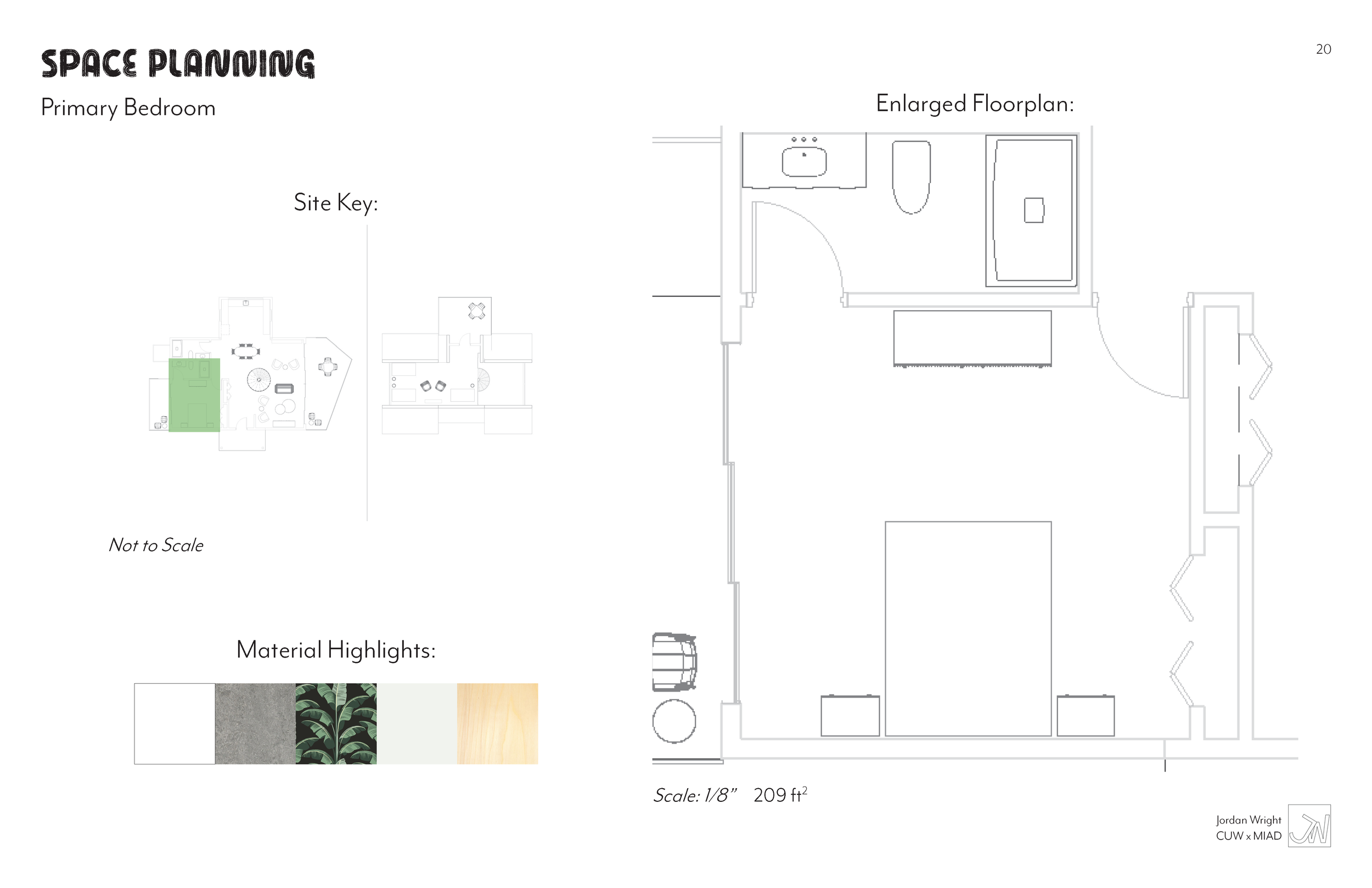 Floor plan of a primary bedroom showing a bathroom with a sink, toilet, and shower, along with furniture placement. Material highlights include grey concrete, patterned green tile, white paint, and light wood.