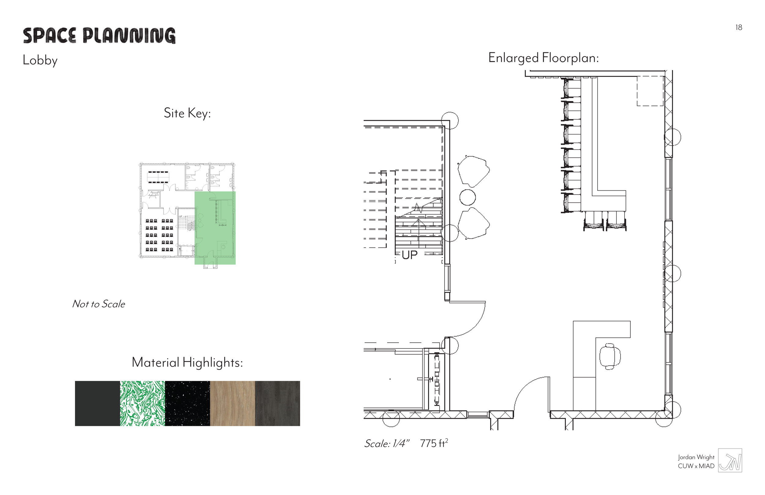 Floor plan for a space-themed lobby with a site key, material highlights, and an enlarged floor plan. The layout shows seating, stairs, and entry points.