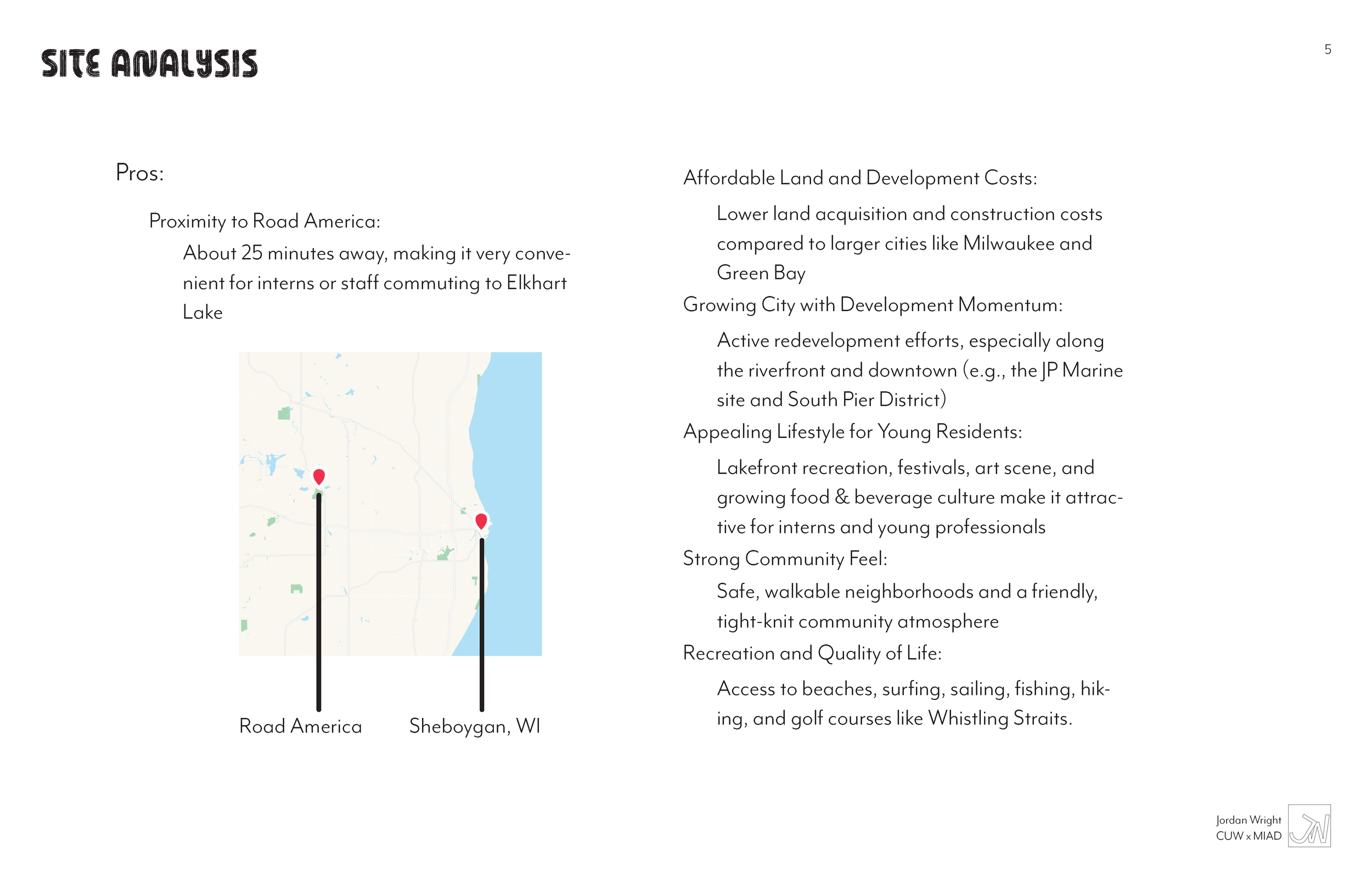 A map showing a route from Road America to Sheboygan, Wisconsin, marked with two red location pins connected by a black line.