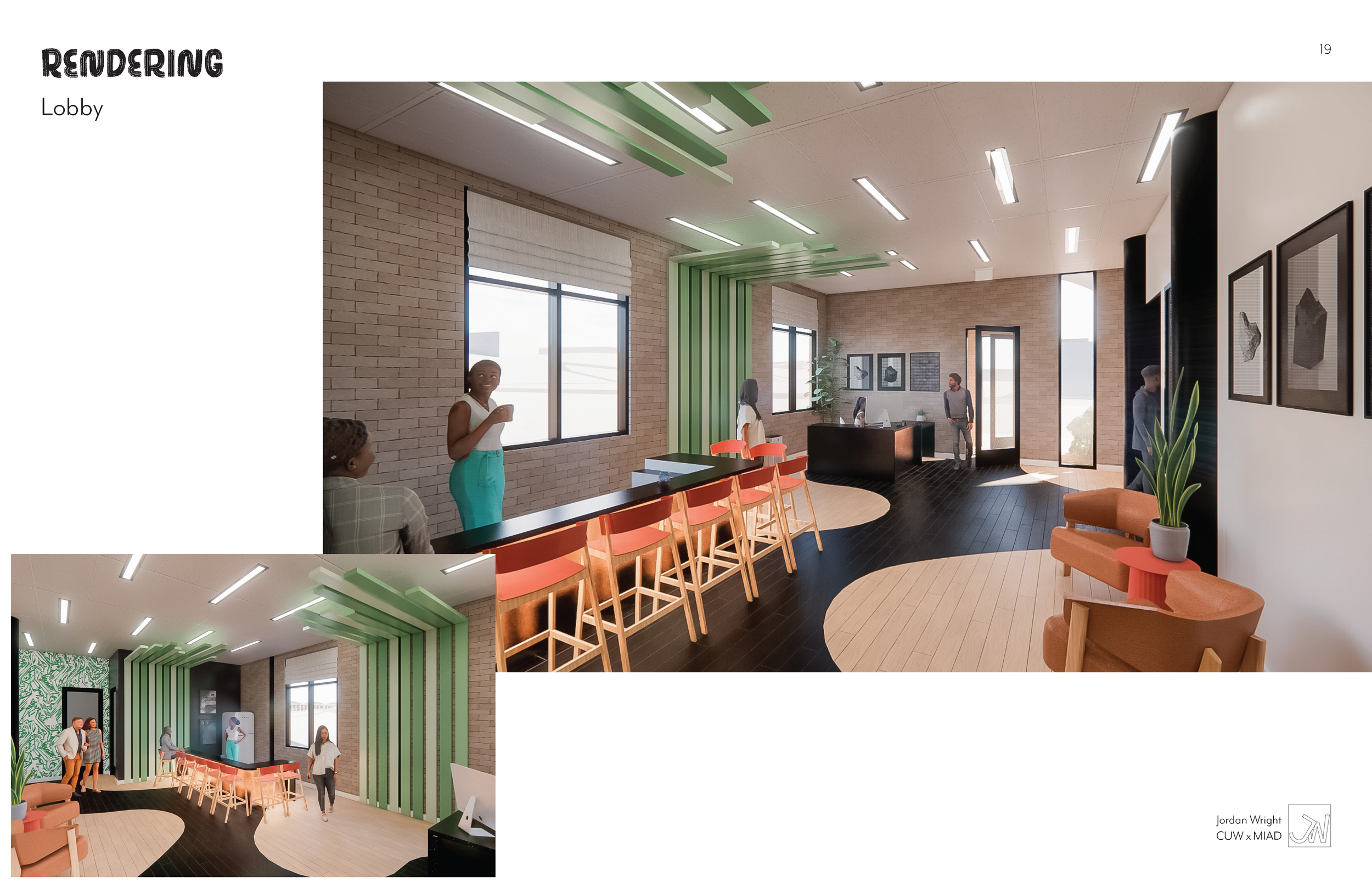 Rendering of a modern office lobby with a reception desk, seating area, and decorative green wall panels.