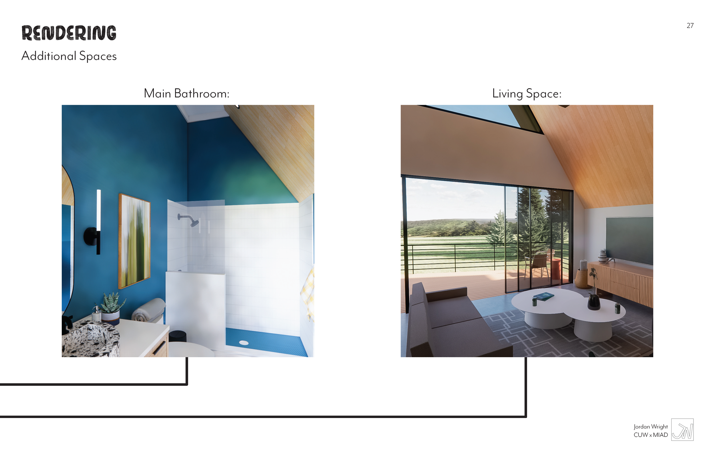 Digital design showing two interior spaces: a main bathroom with blue walls and a shower area, and a living space with large windows, a view of a green landscape, and modern furniture.