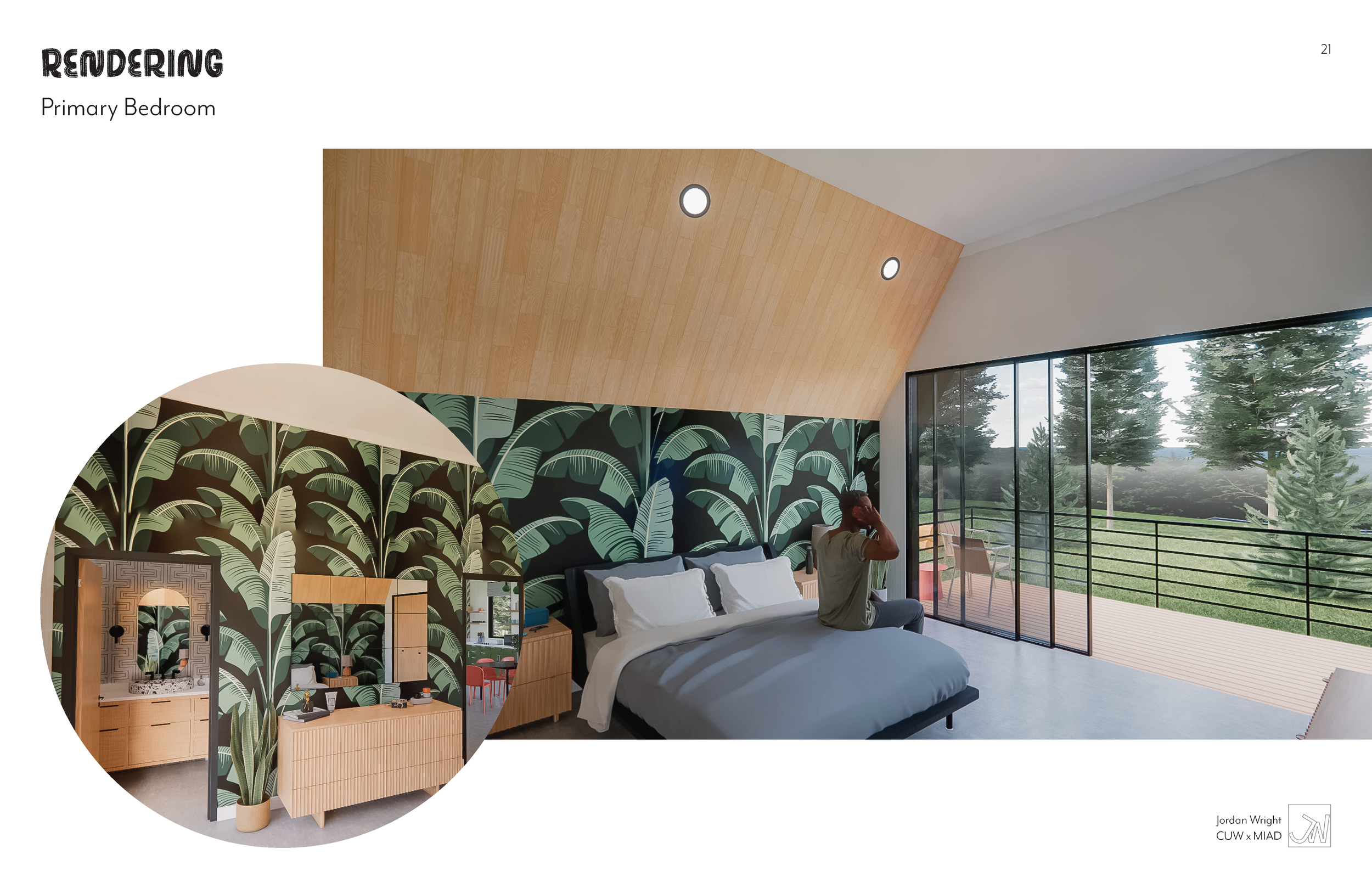 Modern primary bedroom with banana leaf wallpaper, large glass sliding doors leading to a balcony, and wooden ceiling lights. A person is sitting on the bed, looking outside.