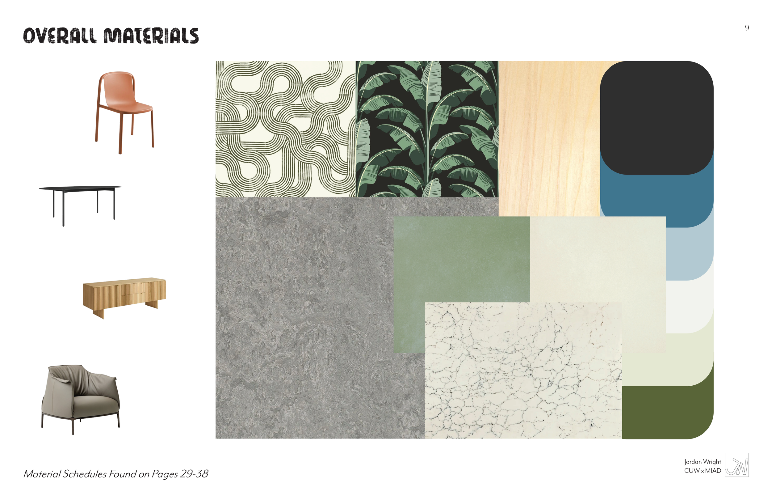 A color palette and material selection chart with images of a chair, table, cabinet, and chair, corresponding to various textures and patterns including wood, fabric, patterned wallpaper, marble, concrete, and paint samples.