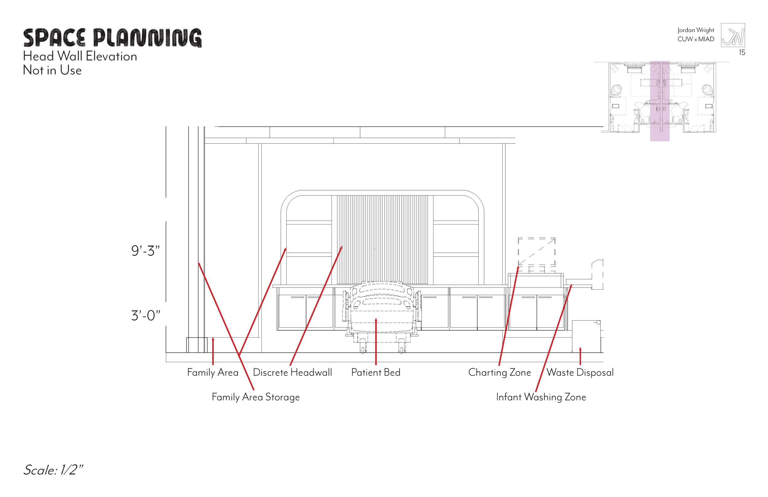 Blueprint of a hospital head wall elevation with labeled sections including family area, discrete headwall, patient bed, charting zone, infant washing zone, waste disposal, and family area storage, with measurements of 9 feet 3 inches and 3 feet.