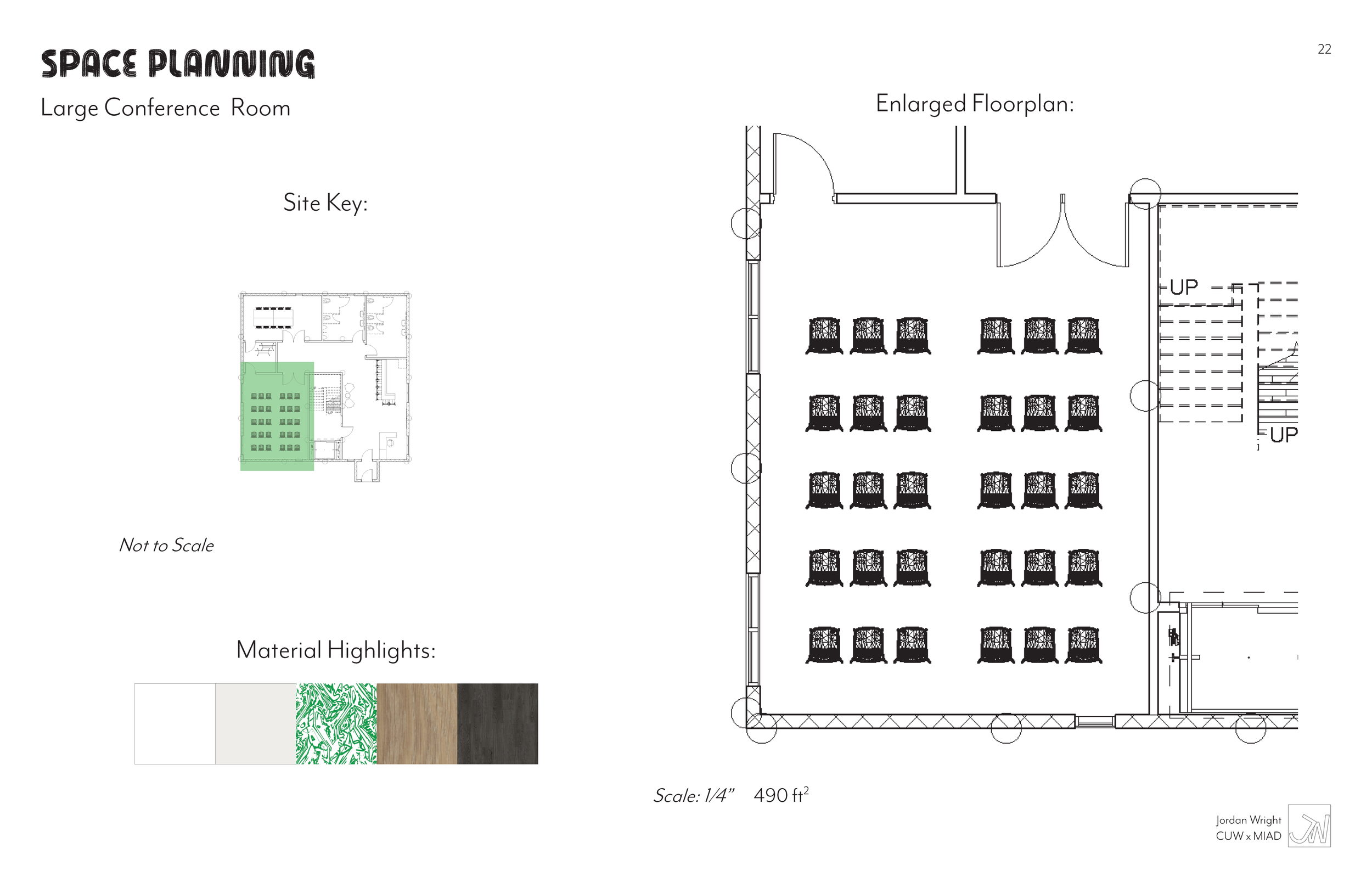 Floor plan of a large conference room with multiple rows of chairs and an entrance, labeled 'Space Planning' with a smaller site key map on the left.