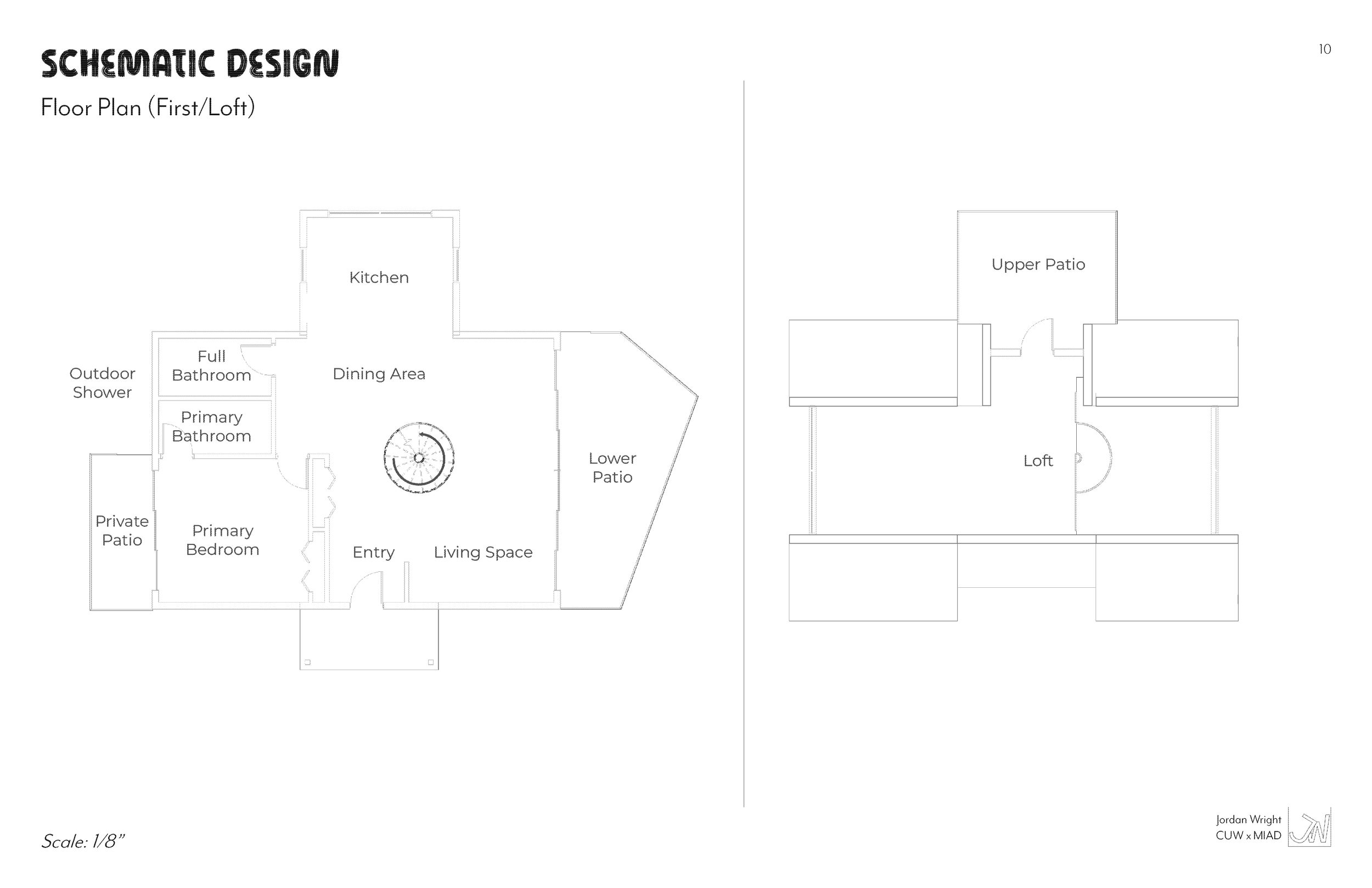 Architectural floor plan of a house, showing the first or loft level. The plan includes an upper patio, loft area, lower patio, and surrounding structures. The drawing is in black and white, with labels indicating various patios and the loft area.