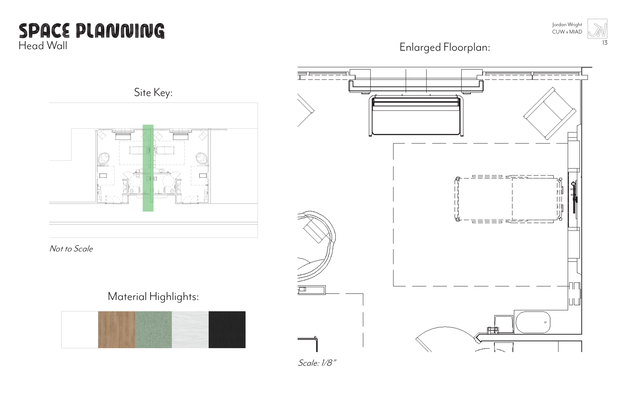 Architectural floor plan with detailed room layout, furniture arrangement, and material highlights for a space planning project.