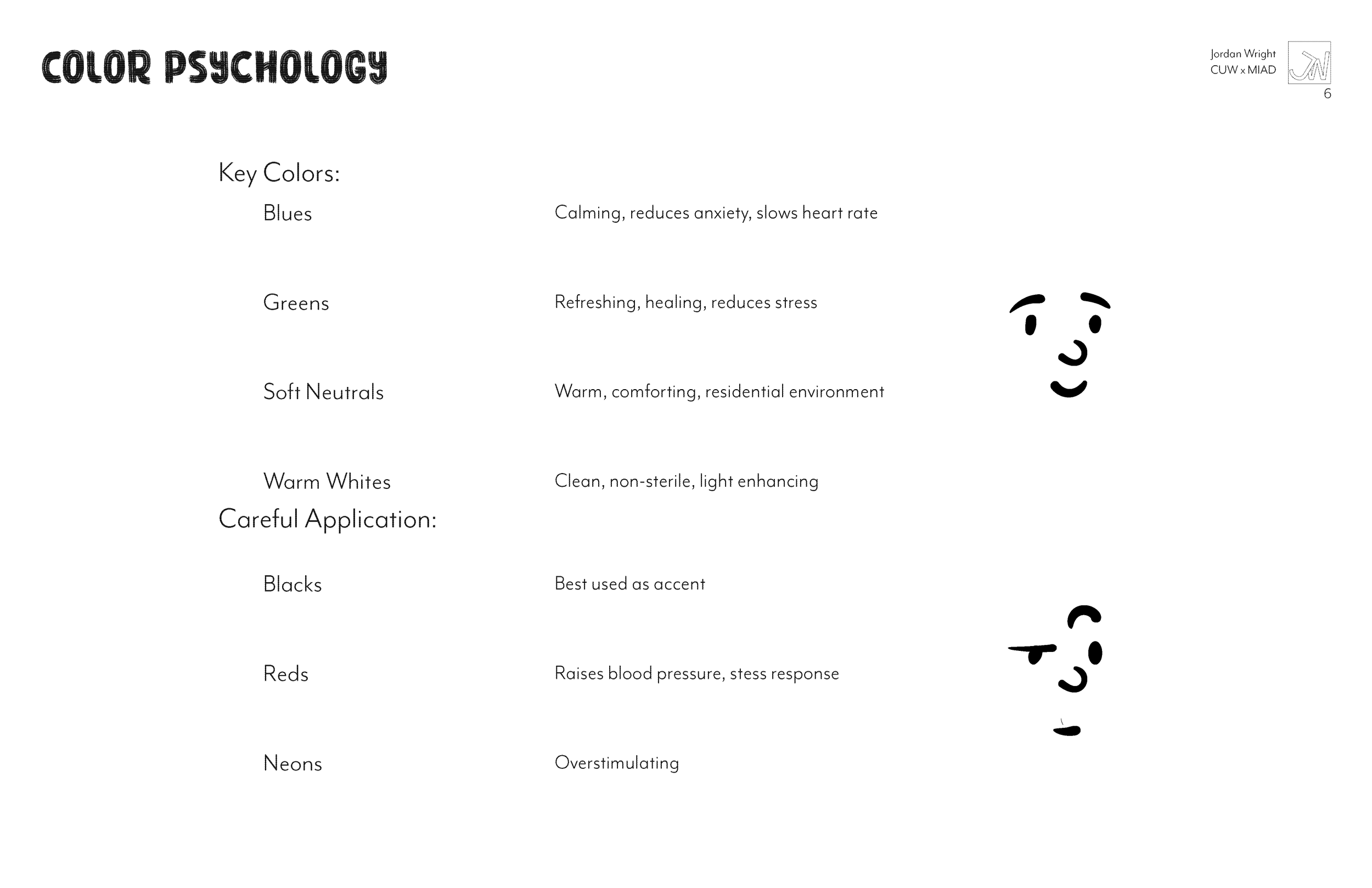 An infographic titled "Color Psychology" explaining key colors and their effects, with two cartoon faces illustrating emotional responses.