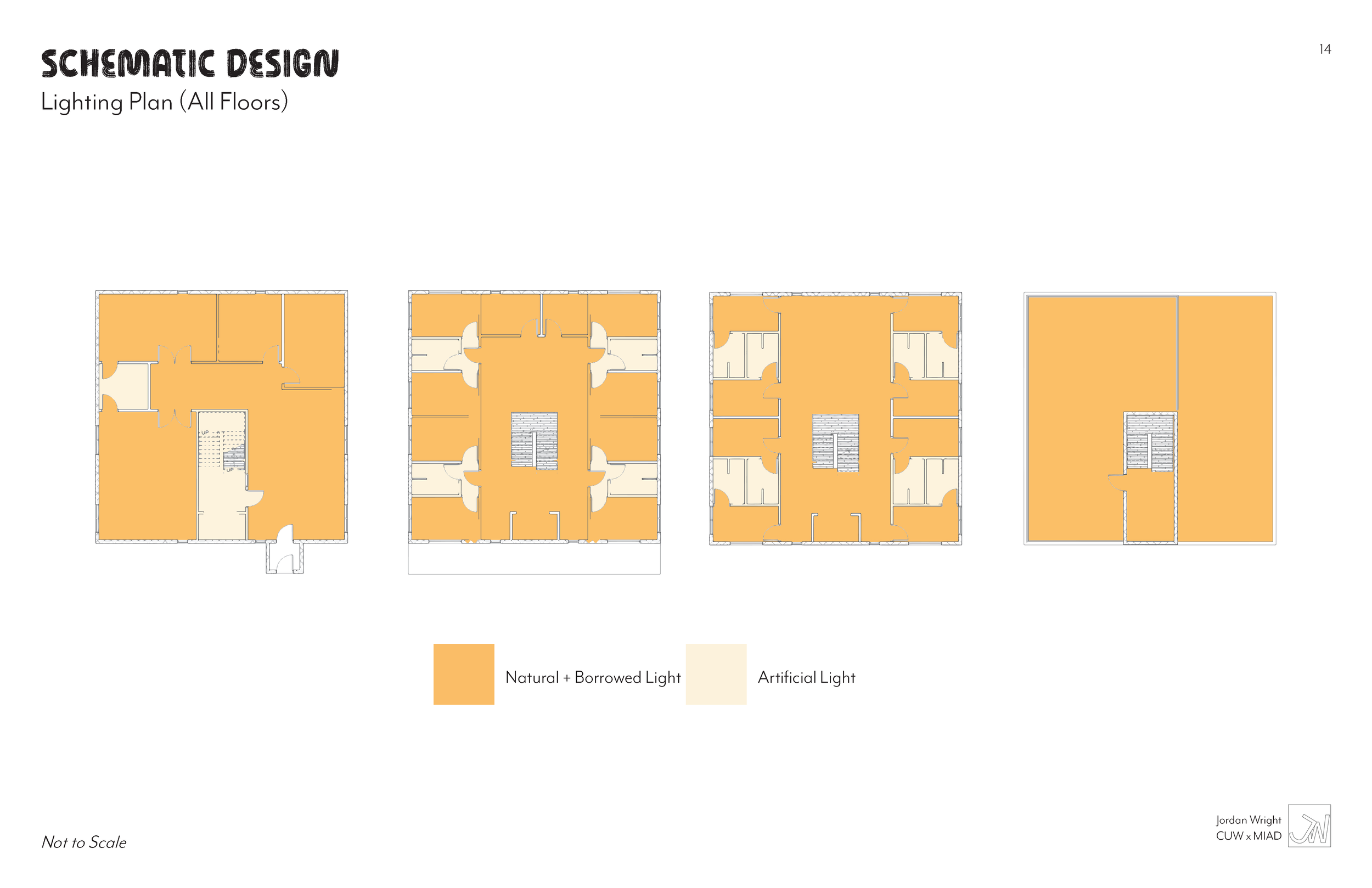 Schematic design lighting plan for all floors showing areas illuminated by natural and borrowed light in orange and artificial light in cream, for four different building layouts.