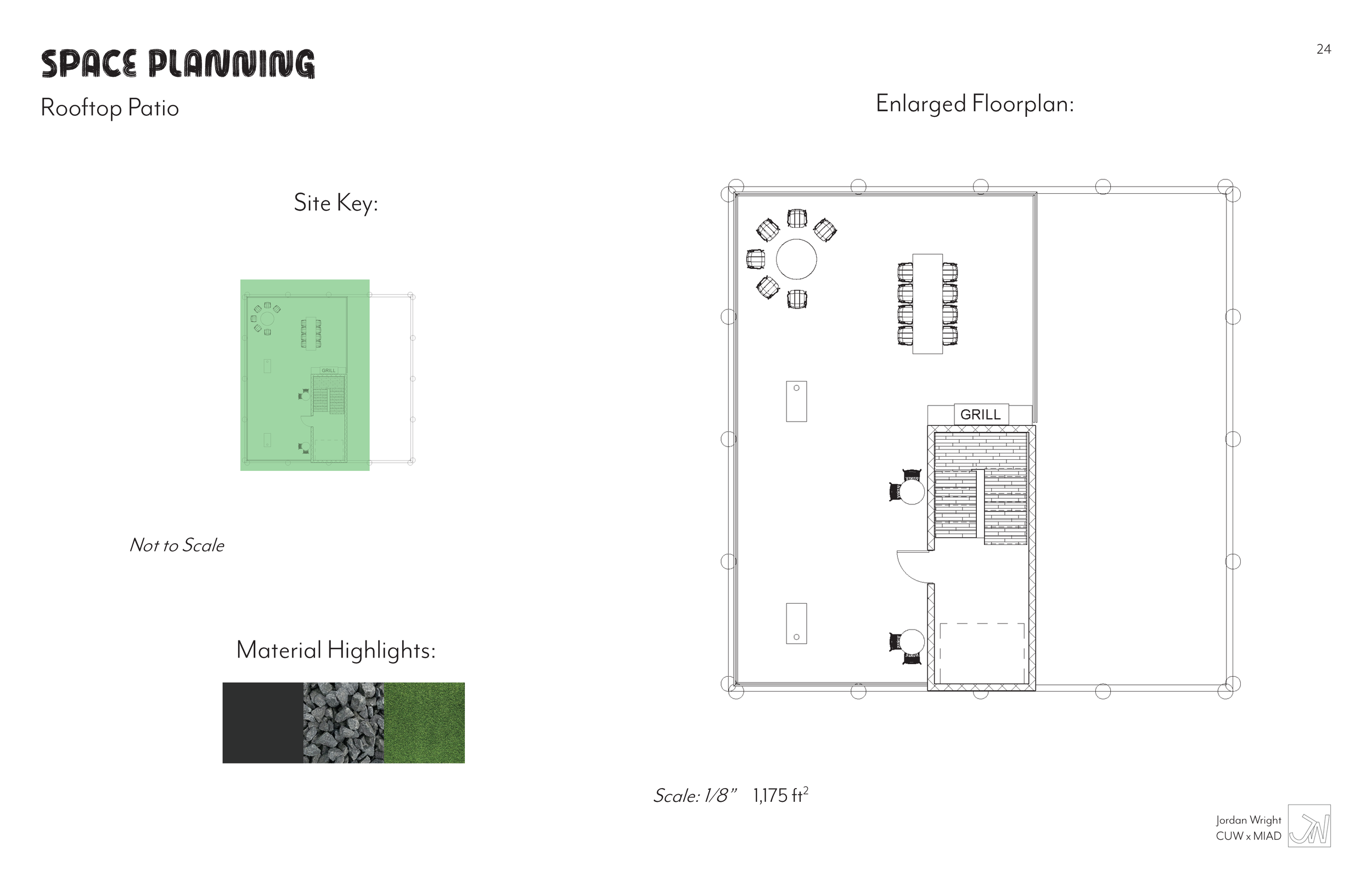 Rooftop patio space plan with seating, dining area, and grill area, displayed on an enlarged floorplan.