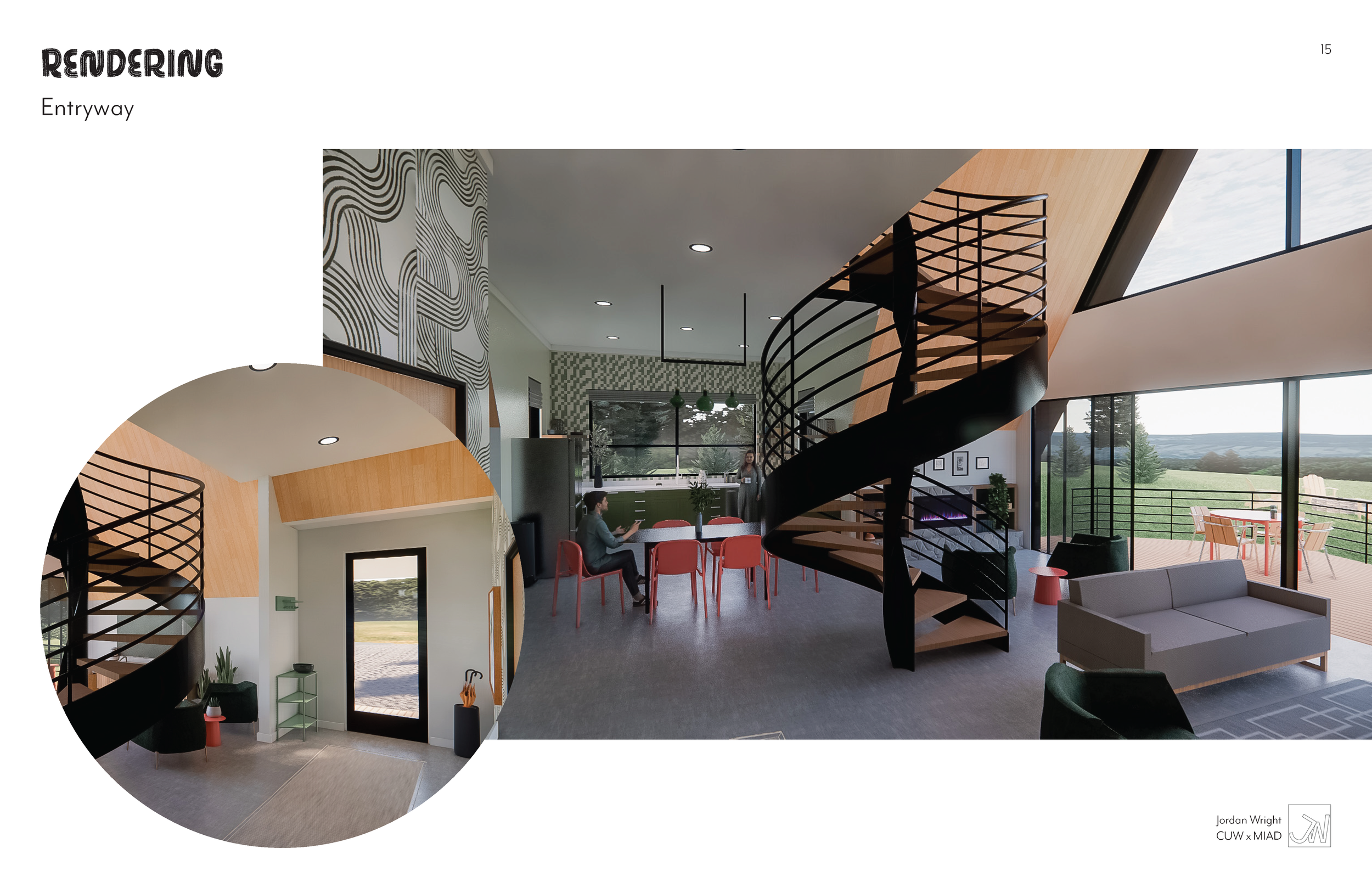 Rendering of a modern interior with a curved wooden staircase, large windows showing outdoor landscape, seating area, and a dining space.