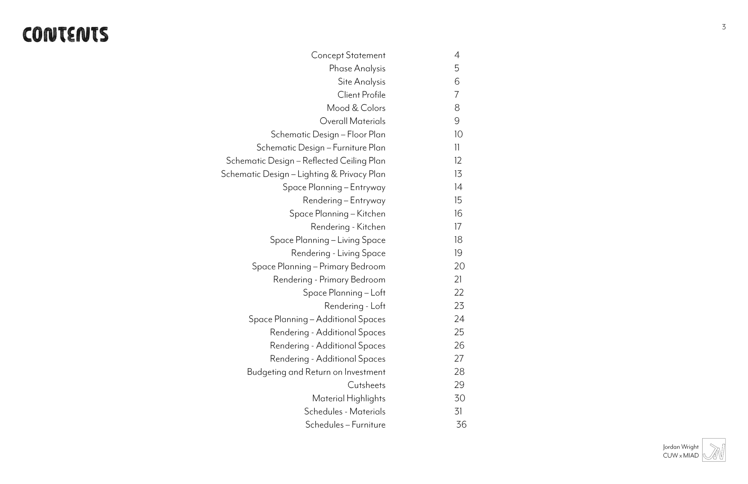 Table of contents page from a document or presentation, listing sections and page numbers, including concept statement, phase analysis, site analysis, client profile, design plans, space planning, rendering, budgeting, and schedules, with the name Jo