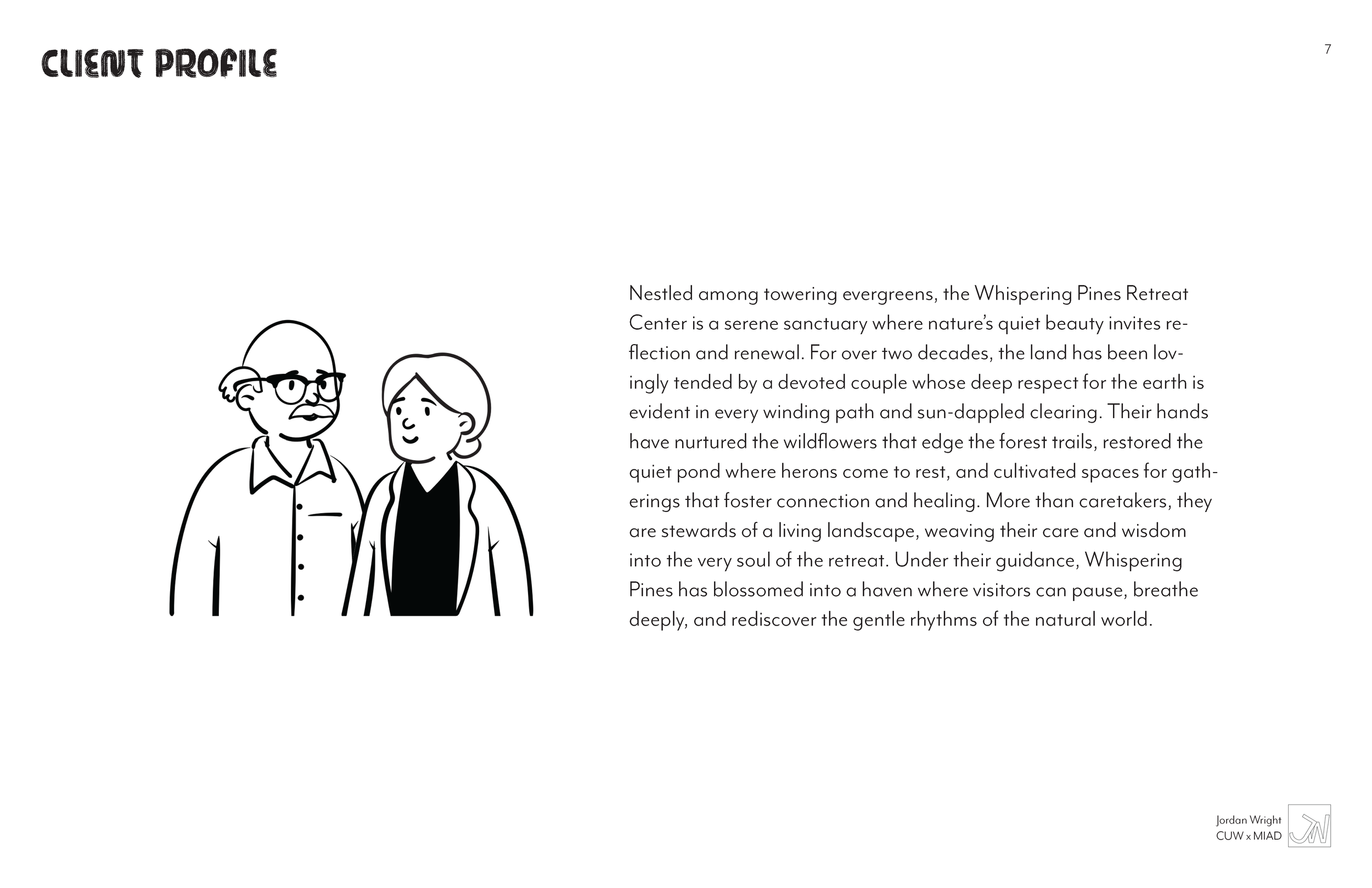 Illustration of two people, a man with glasses and a woman, in black and white, alongside a paragraph describing the Whispering Pines Retreat Center.