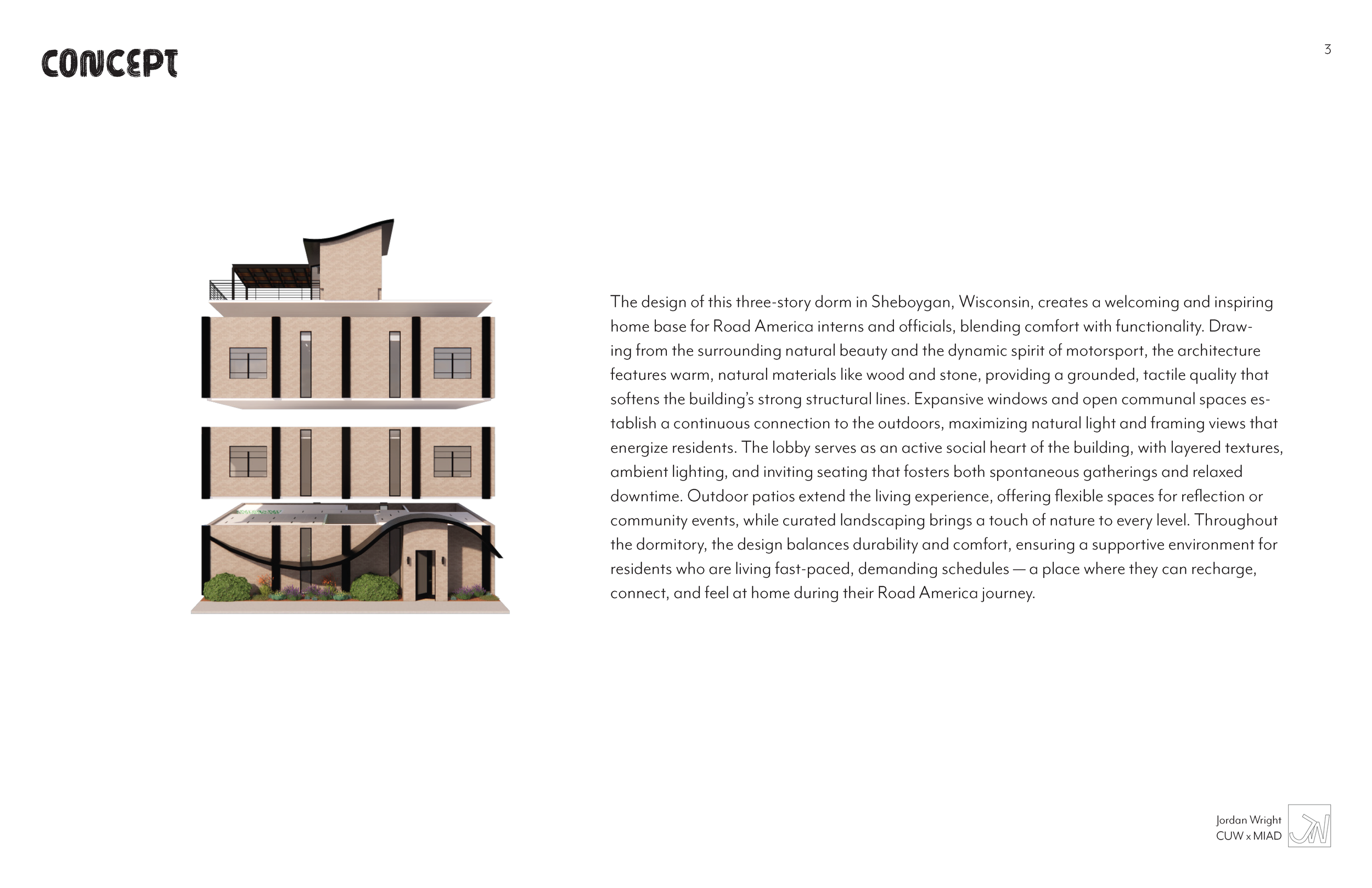 Diagram of a three-story building with architectural design concept text describing a dorm in Sheboygan, Wisconsin, including exterior views and features like natural materials, large windows, outdoor patios, and communal spaces.