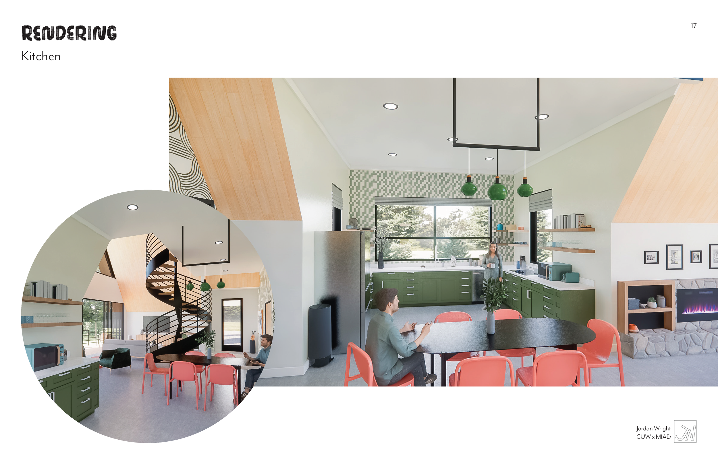 Interior rendering of a modern kitchen and dining area with green cabinetry, black countertops, and pink chairs, featuring a large window, spiral staircase, and contemporary decor.