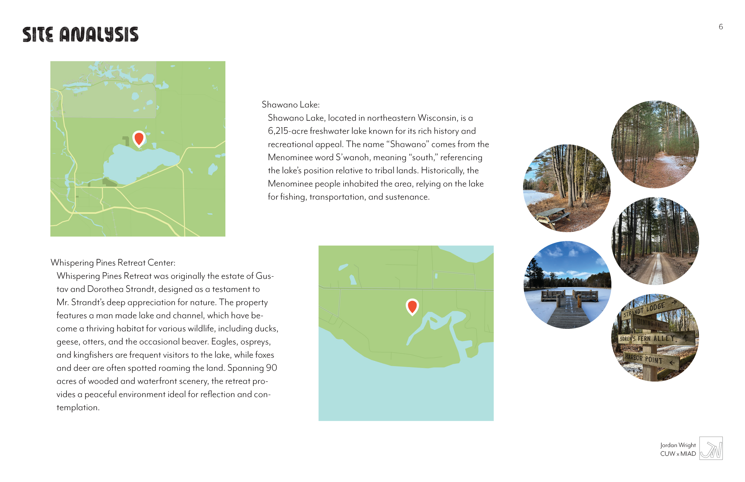 Map of Shawano Lake and Whispering Pines Retreat Center with photos of lake scenery, forest trails, a dock, and directional signs.