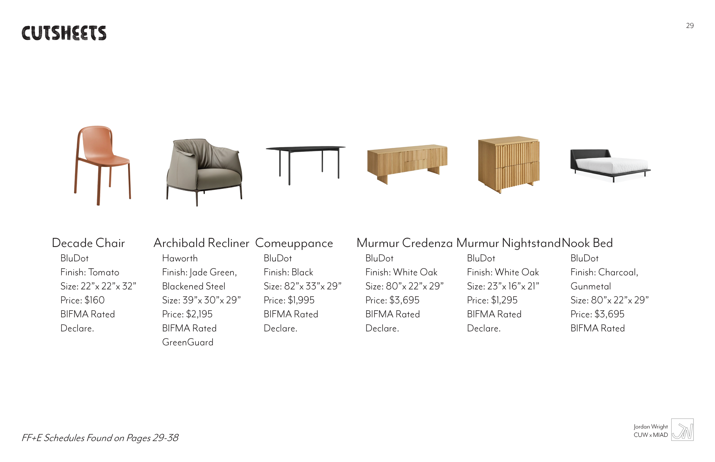 Image of furniture catalog page displaying six pieces of furniture with descriptions and specifications under the heading 'CUTSHEETS.' The items include a Decade Chair, Archibald Recliner, Comeuppance coffee table, Murmur Credenza, Murmur Nightstand,