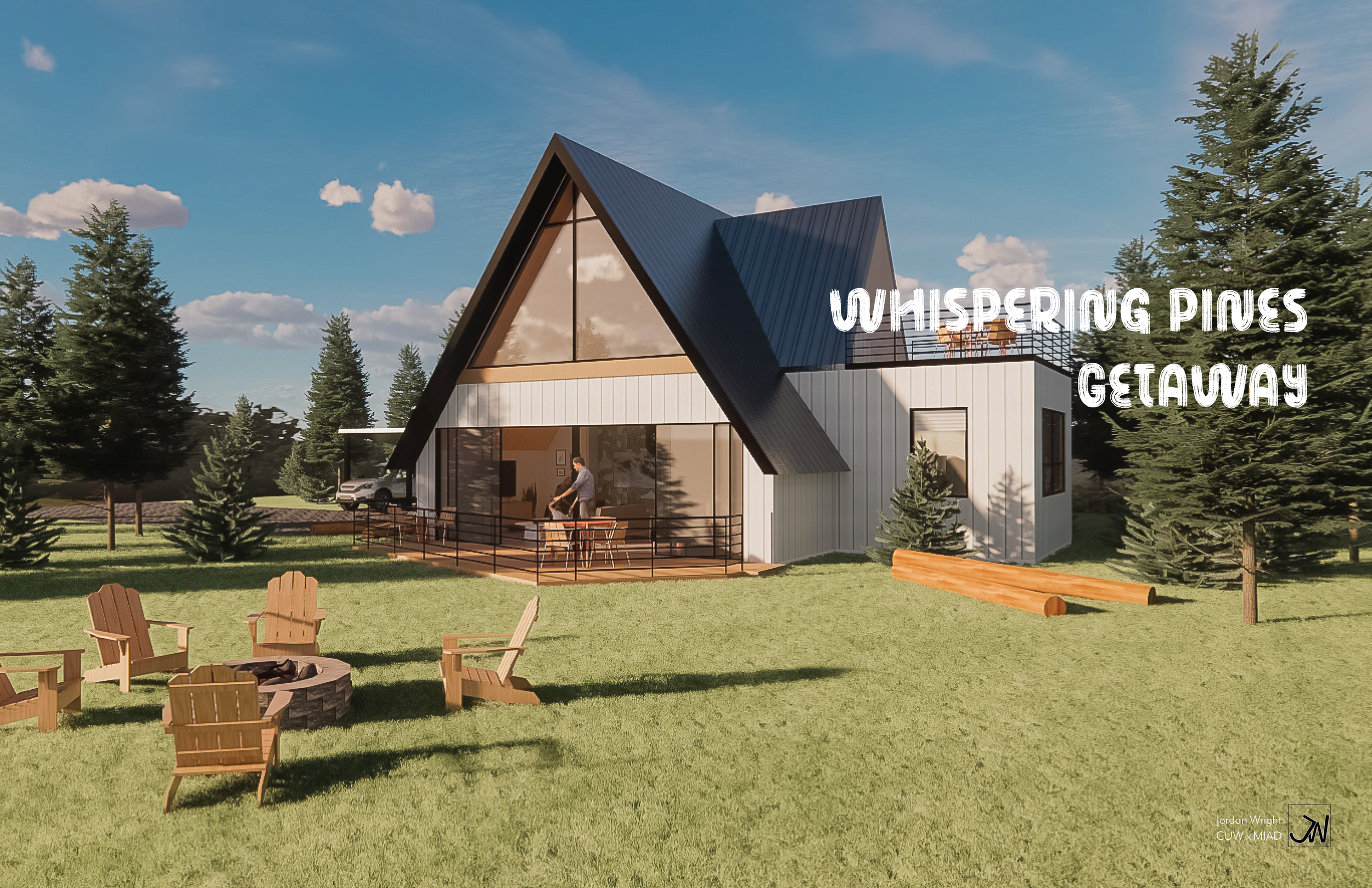 A modern A-frame house in a pine forest, with a front porch and outdoor seating area, under a blue sky with clouds.