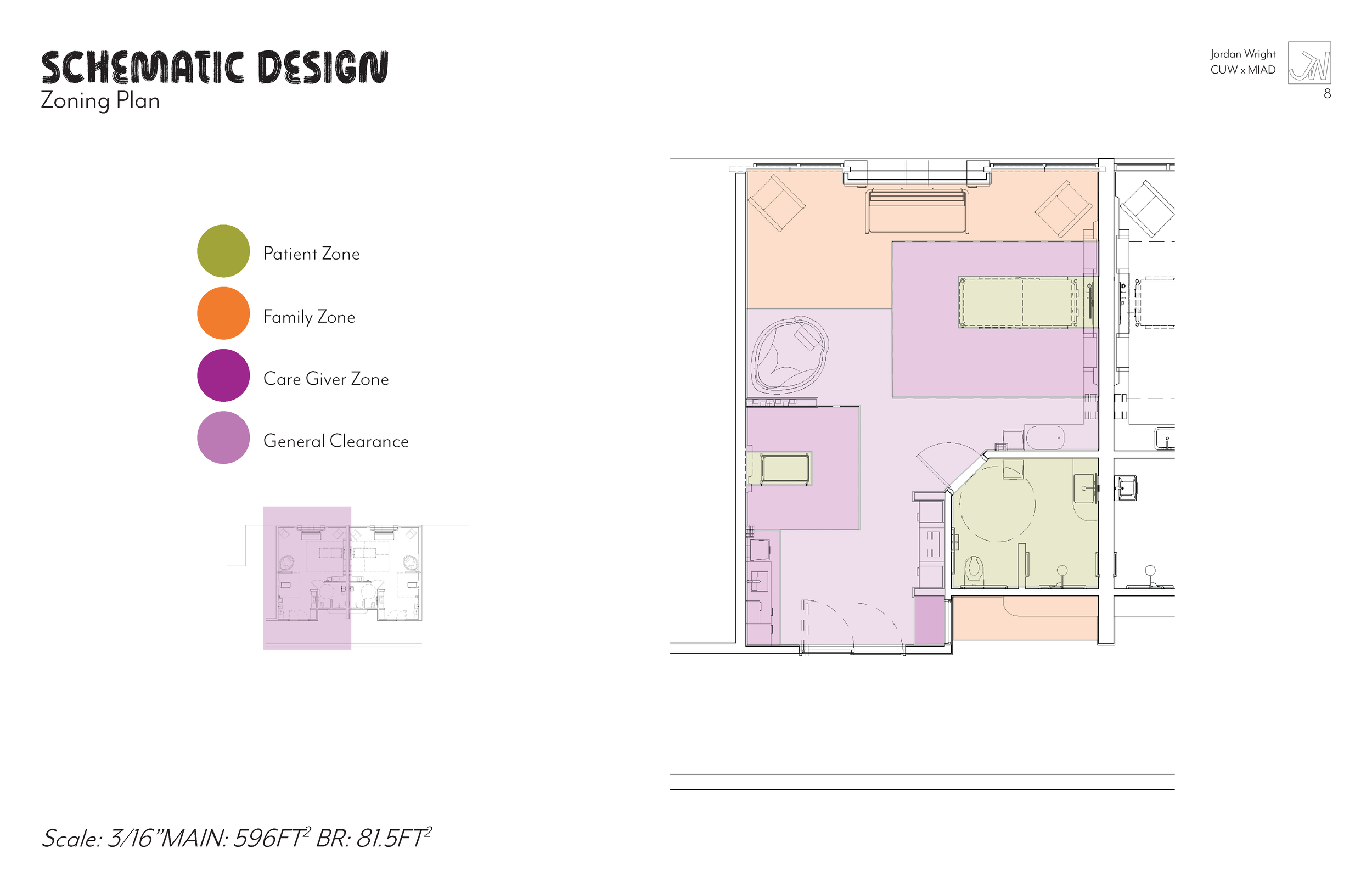 A schematic floor plan of a medical facility with color-coded zones labeled as Patient Zone, Family Zone, Care Giver Zone, and General Clearance.