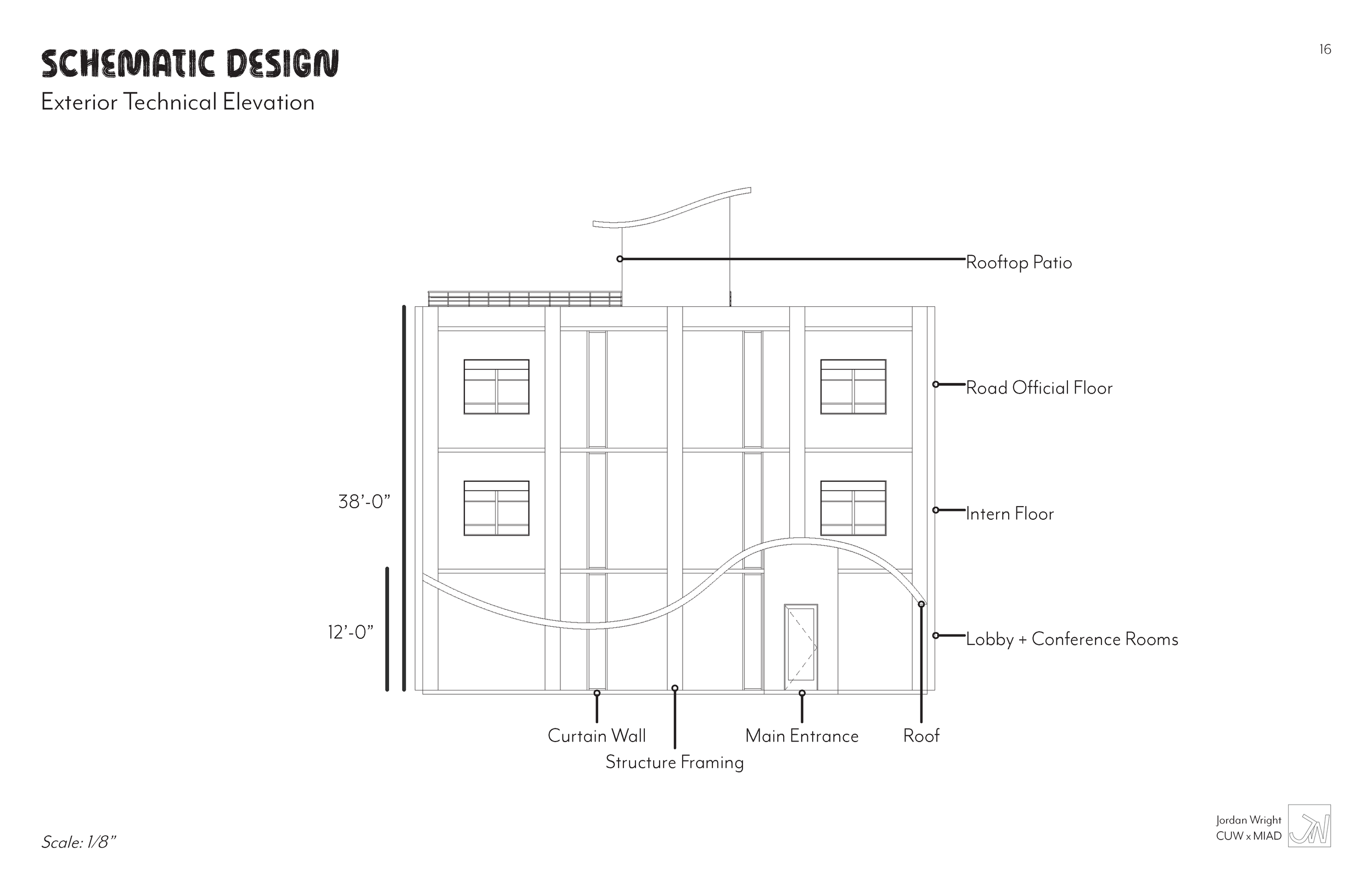 Architectural elevation drawing of a multi-story building with labels for rooftop patio, road official floor, internal floor, lobby and conference rooms, curtain wall structure framing, main entrance, and roof. Dimensions marked as 38 feet by 12 feet