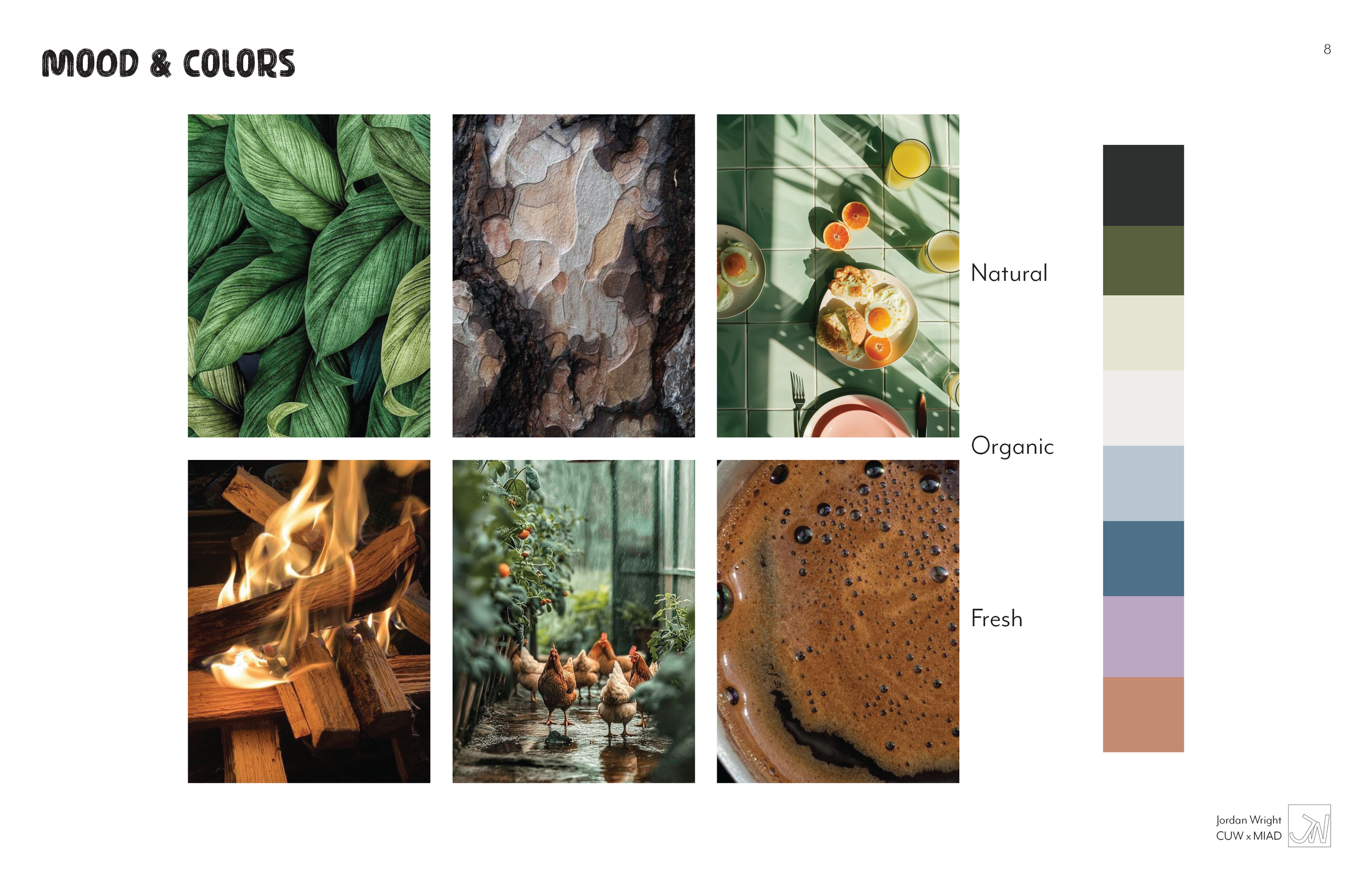 Collage of six images featuring natural, organic, and fresh elements: lush green leaves, textured rock, a table with orange juice and breakfast, a fire with wooden logs, chickens in a coop, and a close-up of a coffee cup with bubbles, accompanied by 