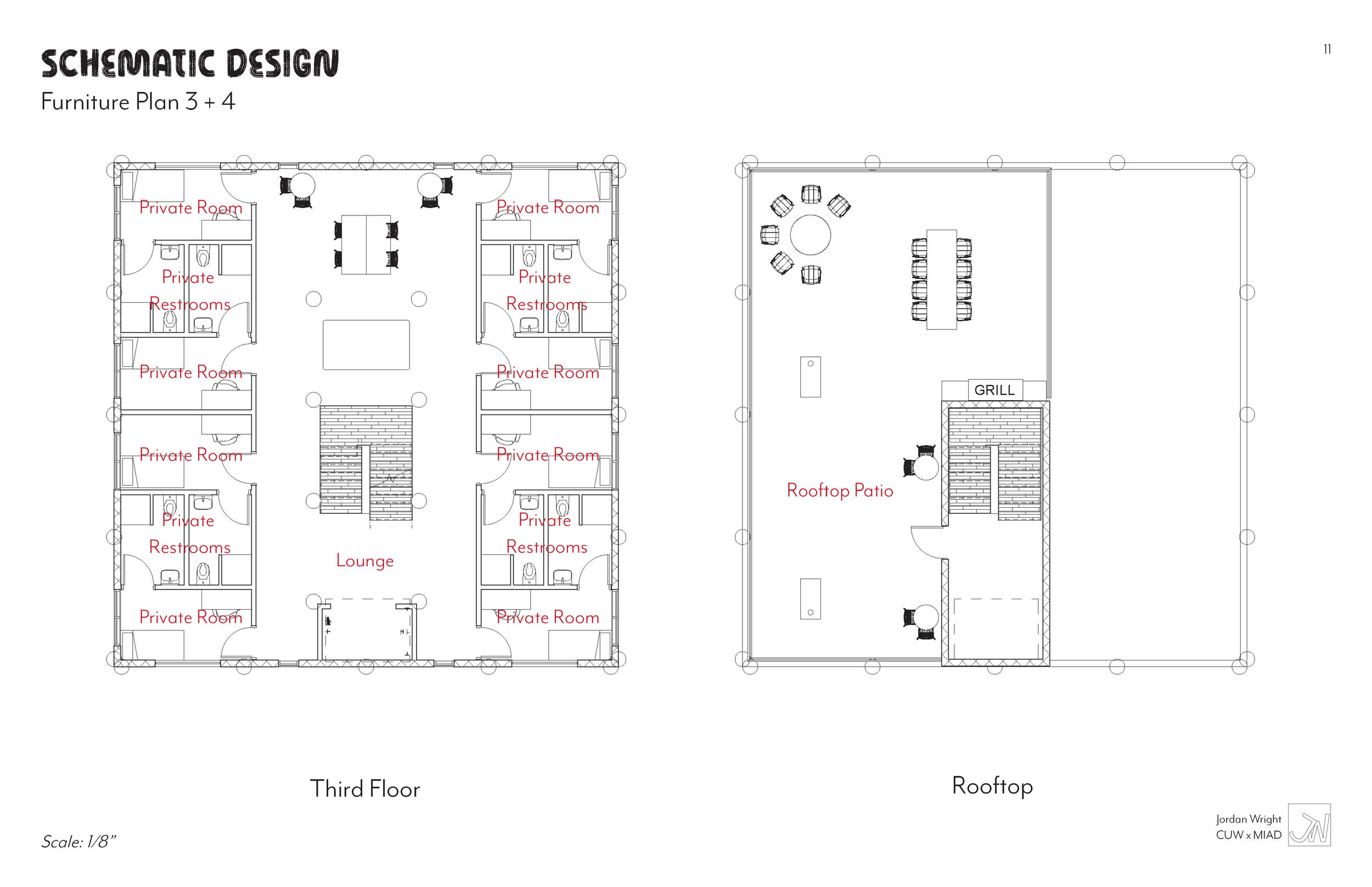 Floor plan diagram showing third-floor layout with private rooms, restrooms, and lounge in a building, and a rooftop patio with seating, a grill, and a stairway.