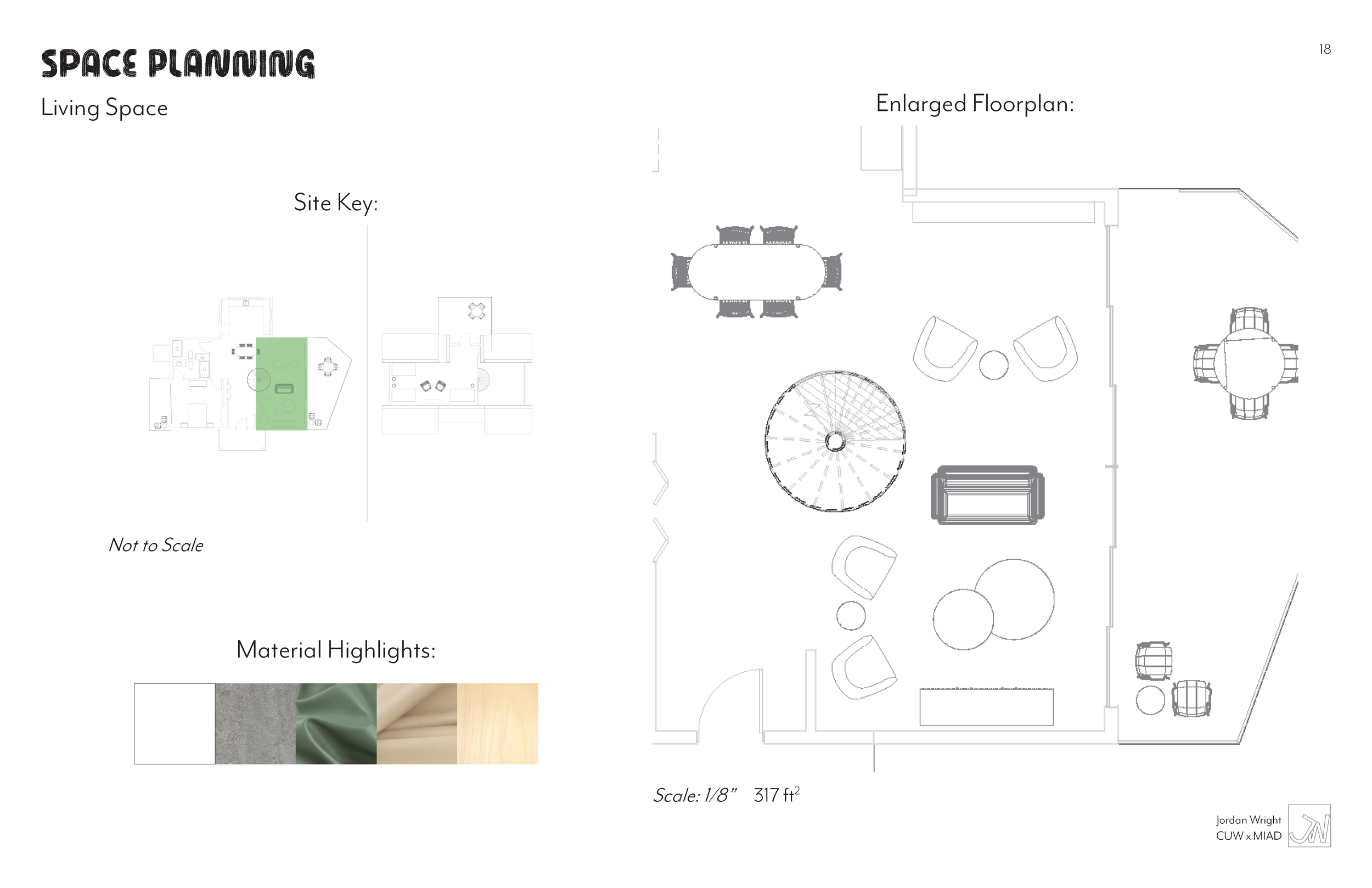 Architectural plan for a living space titled 'Space Planning'. It shows a detailed floor plan with a dining table, chairs, a spiral staircase, seating area with chairs and a sofa. The plan has a site key, material highlights, and a scale of 1/8 inch 