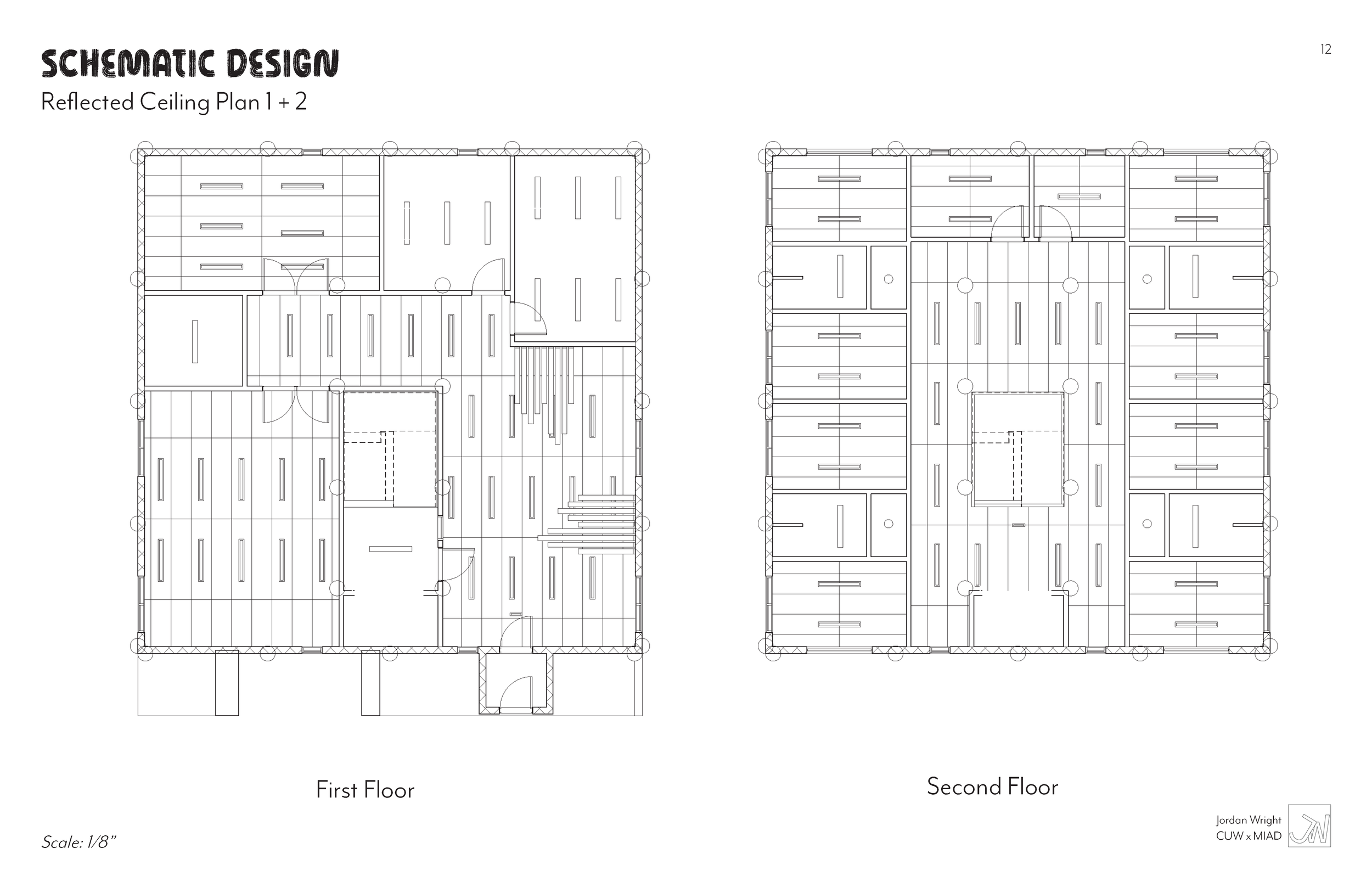 Architectural blueprint of a building's first and second floors, labeled as 'Reflected Ceiling Plan 1 + 2,' showing detailed room layouts, doors, windows, stairs, and structural elements in black and white line art.