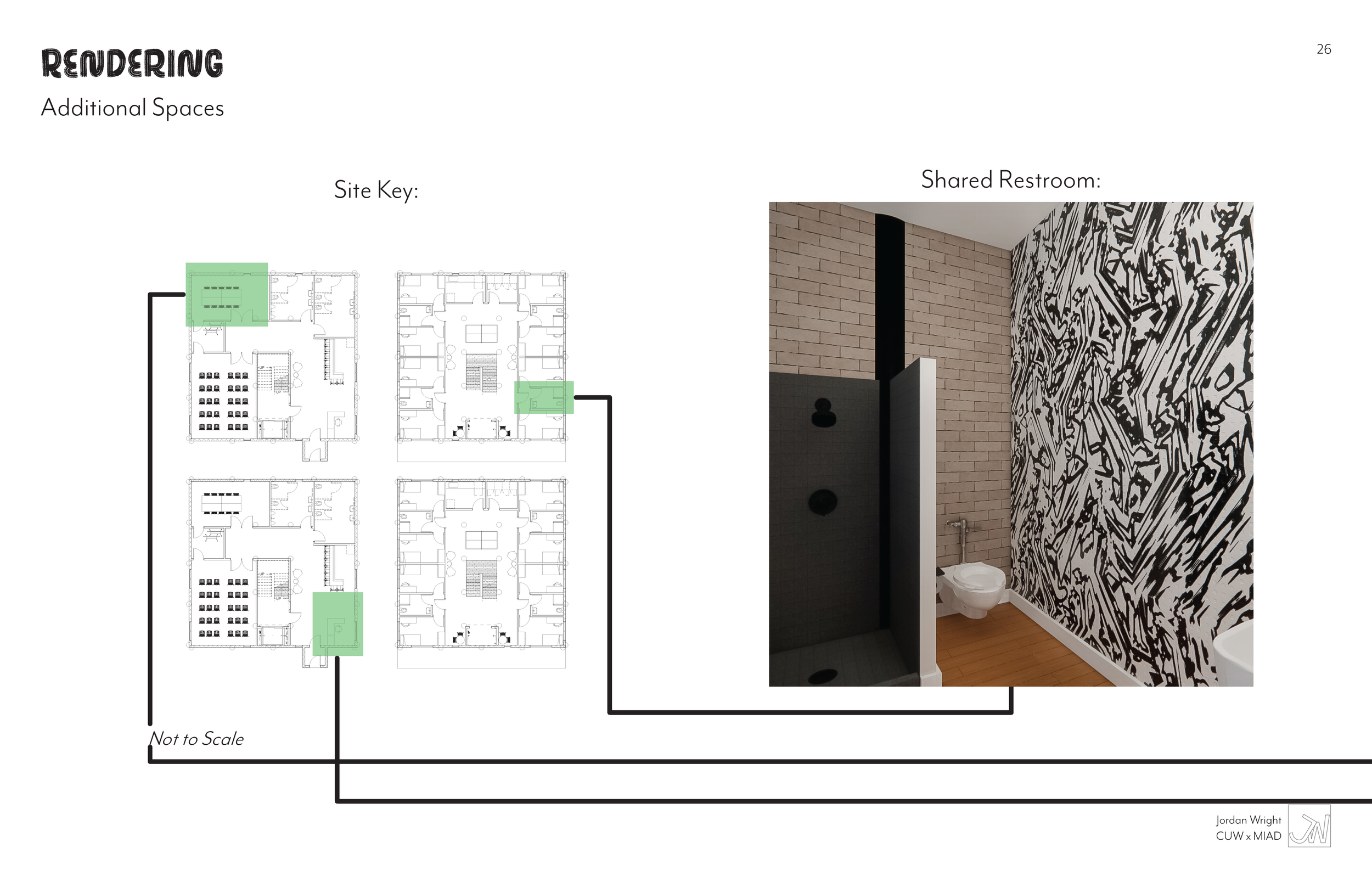 A shared restroom with brick walls, black and white abstract patterned wallpaper, a toilet, a shower with black tiles, and black shower fixtures.