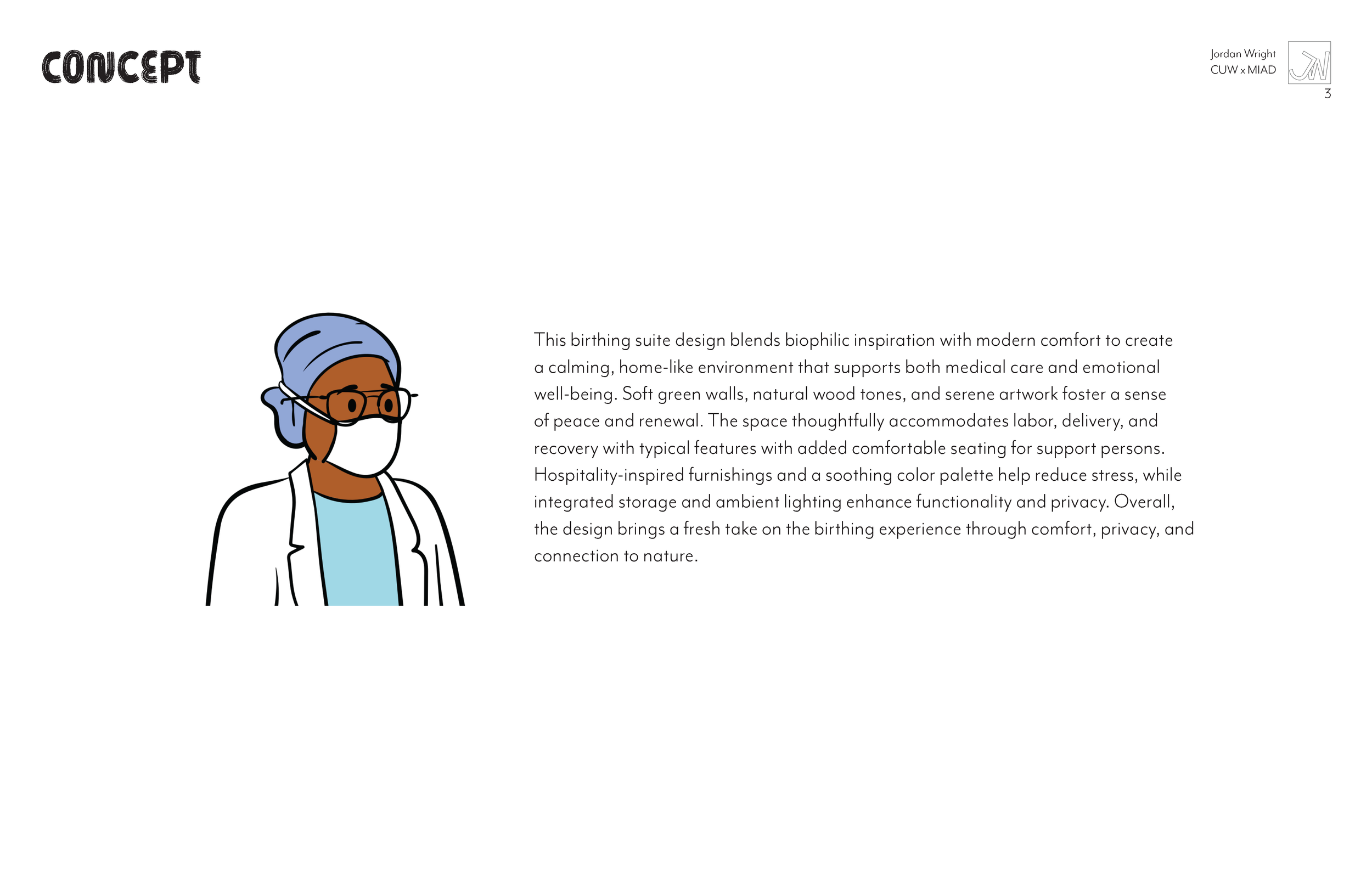 Illustration of a healthcare worker with brown skin, wearing glasses, a face mask, a blue head covering, and a white coat, with a text description about birthing suite design.