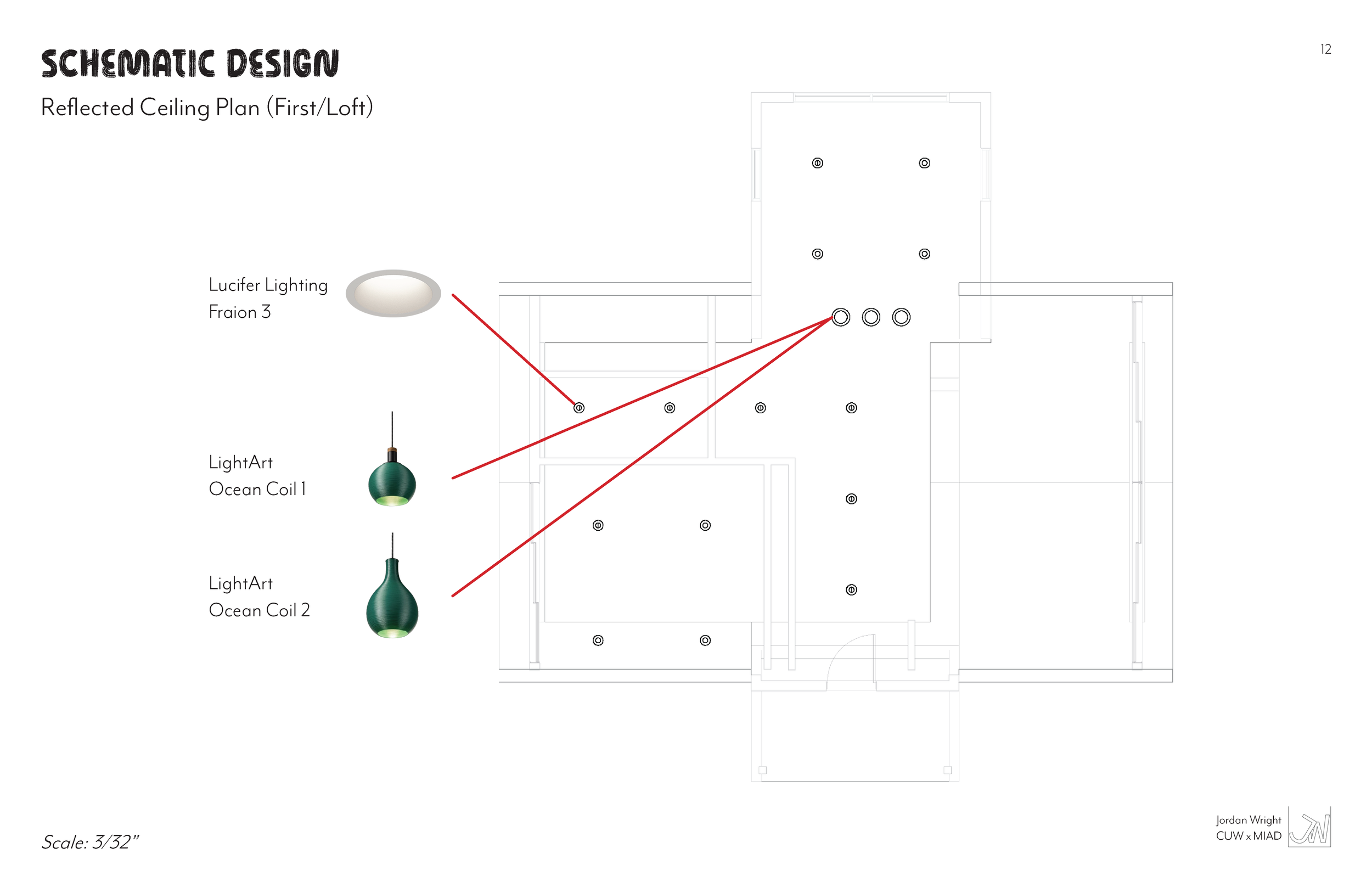 Schematic design of reflected ceiling plan with three hanging lights labeled Lucifer Lighting Frain 3, LightArt Ocean Coil 1, and LightArt Ocean Coil 2, connected by red lines to ceiling spots, in a building floor plan.
