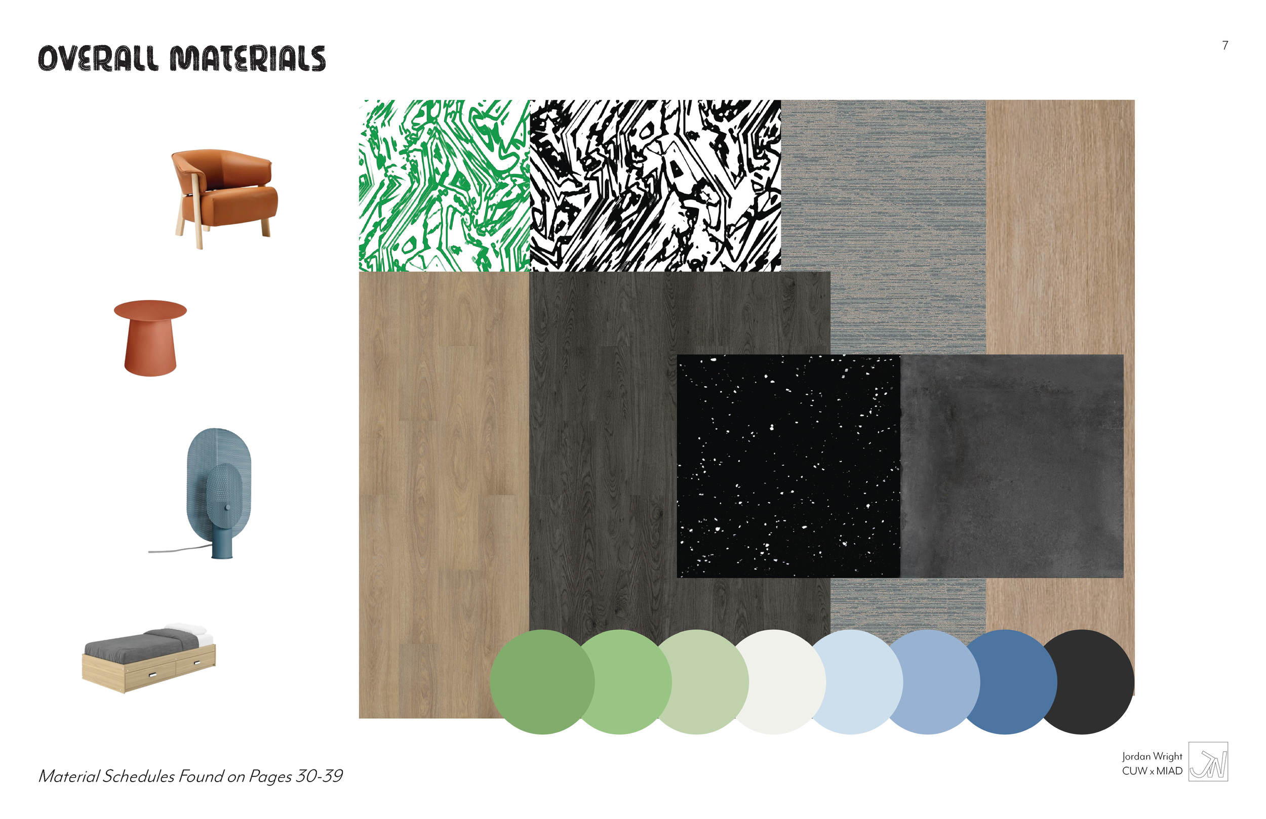 Collection of interior design materials: armchair, small side table, compact speaker, twin bed with storage, various wood and fabric textures, patterned carpet samples, and color palette with green, blue, white, black, and gray shades.