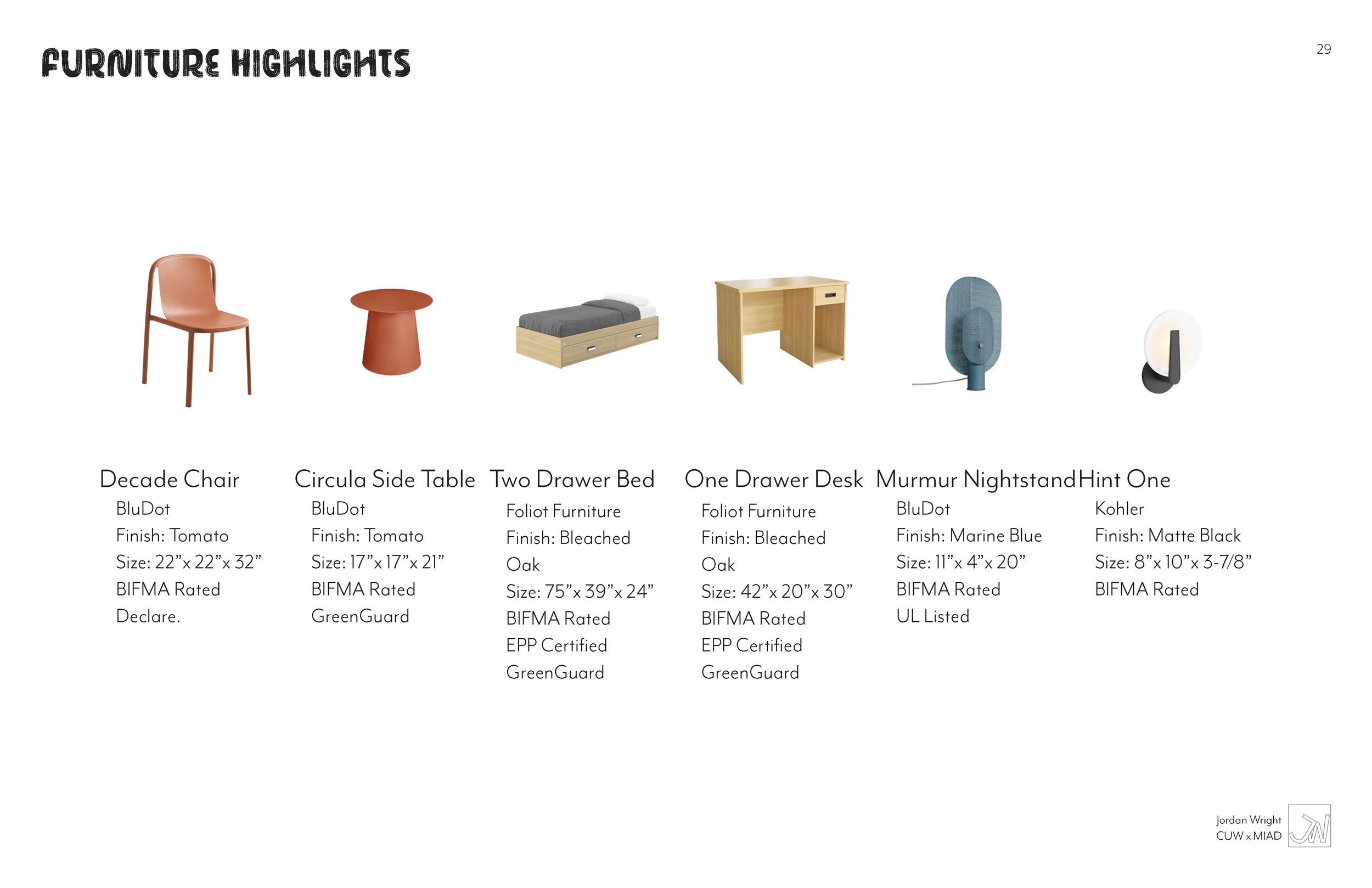 Furniture highlights including a peach-colored chair, a small red side table, a beige bed with gray bedding, a beige desk with a small drawer, a blue standing speaker, a white lamp with a black base, and a black wall-mounted light.