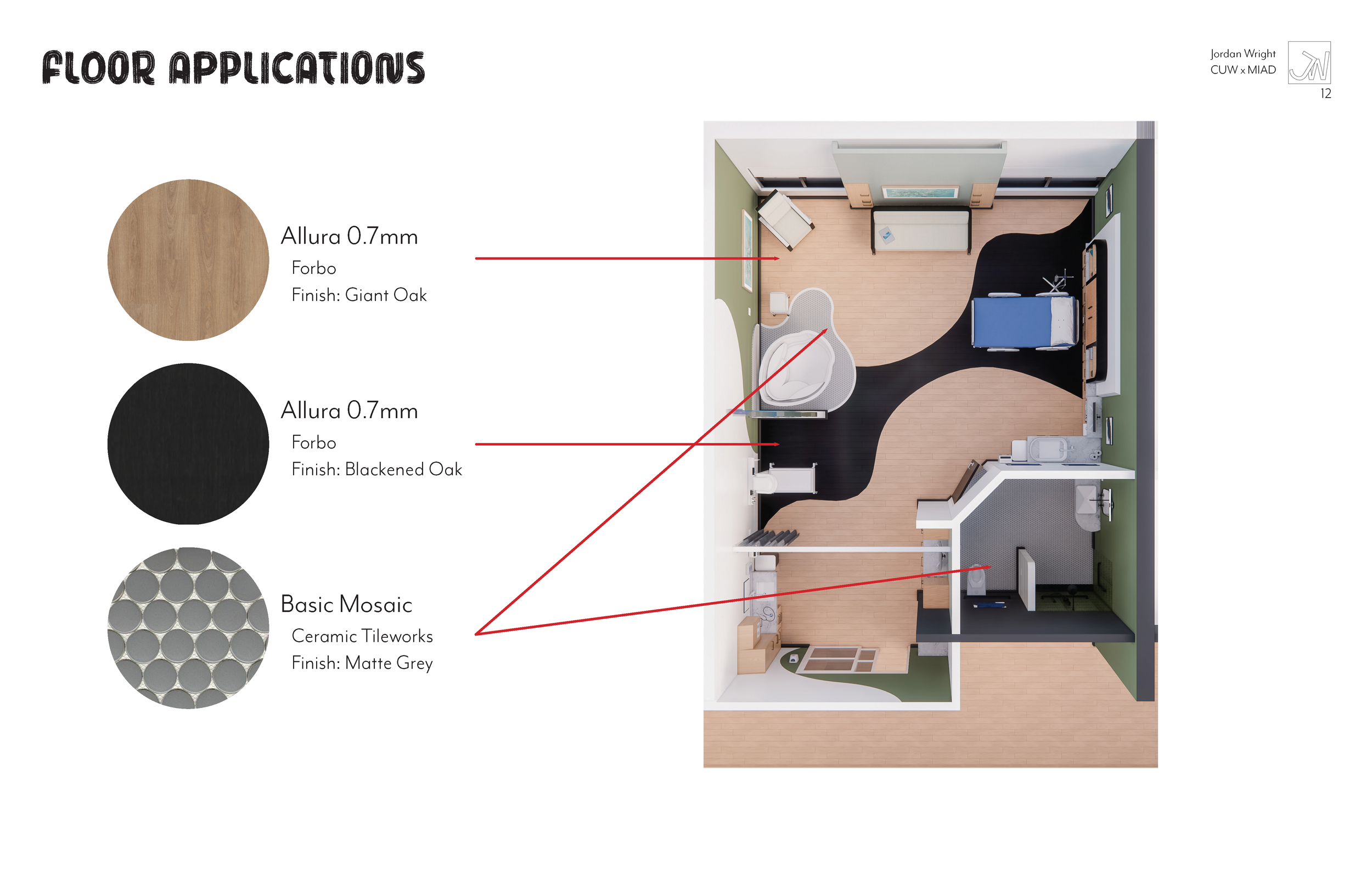 Floor plan of a room showing different flooring applications with labels and color samples indicating wood, blackened oak, and ceramic tile finishes.