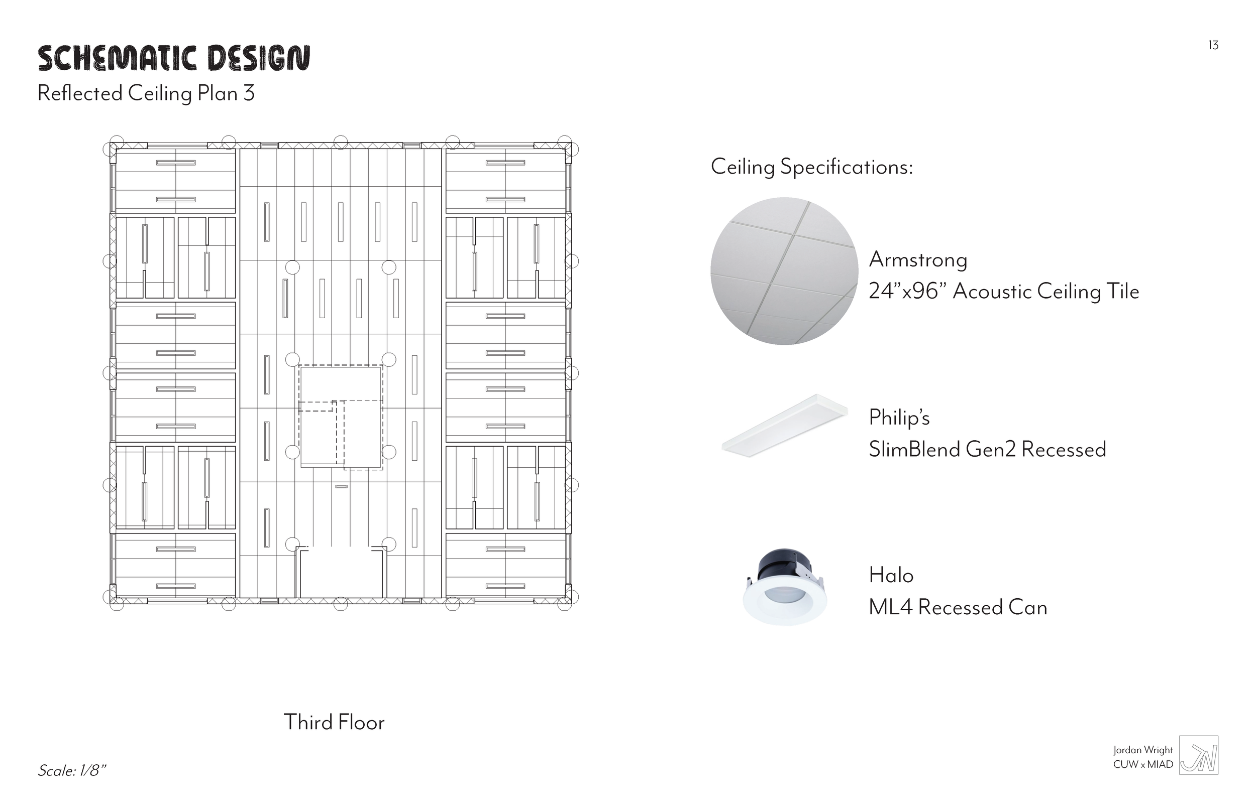 Architectural schematic design of a third-floor ceiling plan featuring Armstrong acoustic ceiling tiles, Philips SlimBlend recessed lighting, and Halo ML4 recessed lighting fixture.
