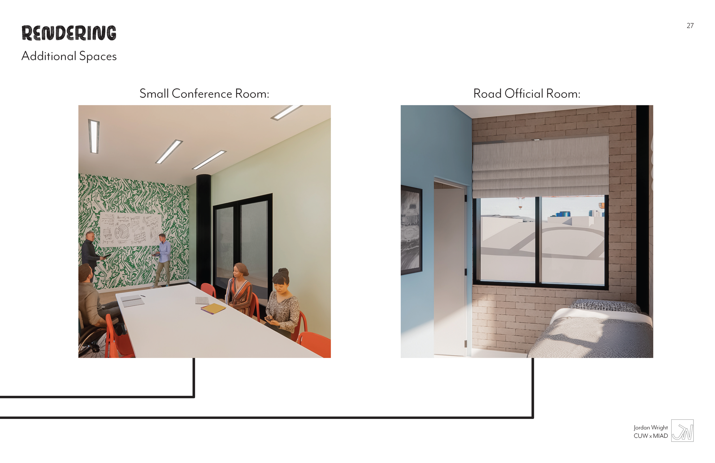 Comparison of small conference room with a large table and people discussing, and a road official room with a bed and window overlooking rooftops.